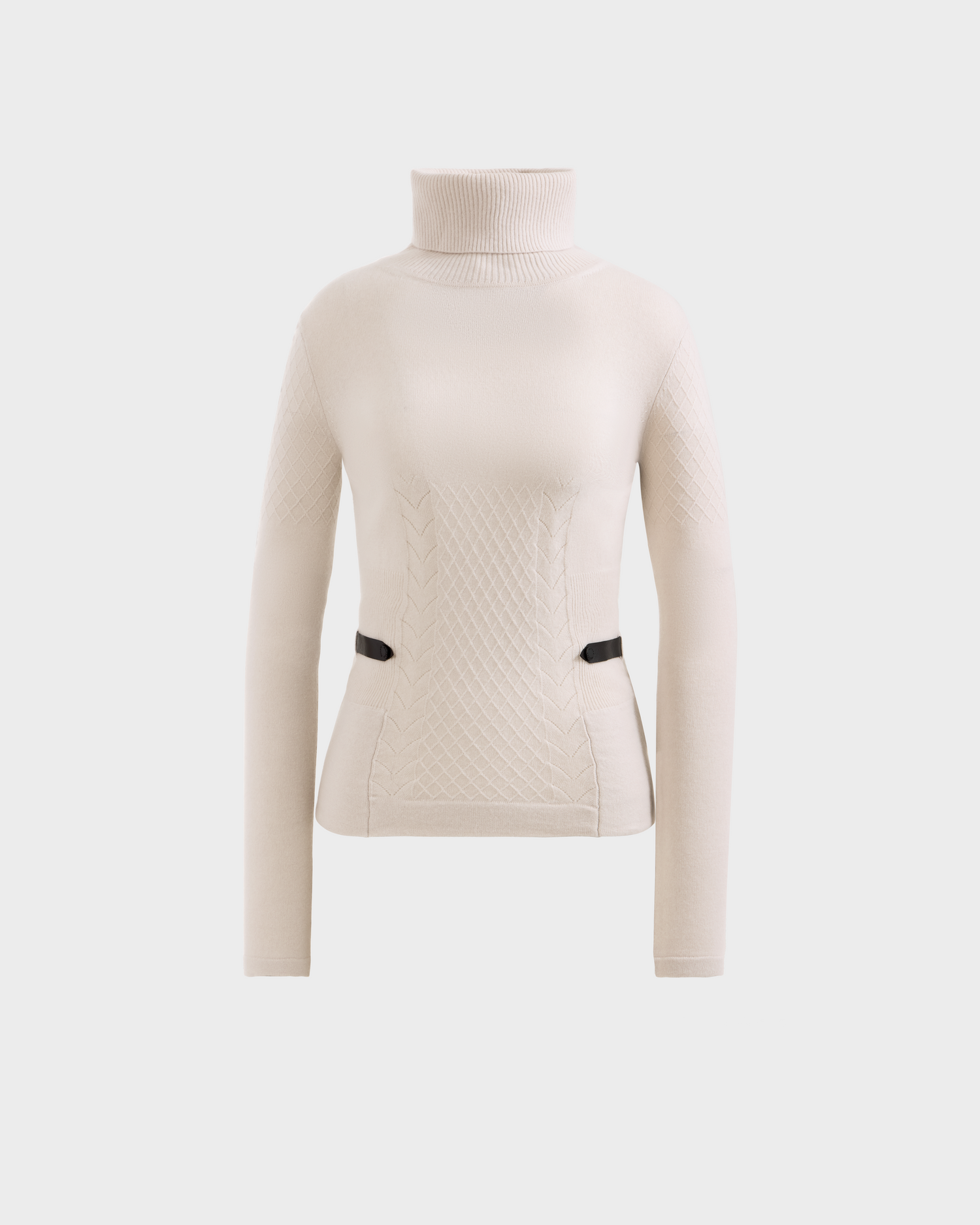 The Rudsak LAURA - 8524596 Vanilla is a beige women's knit turtleneck sweater with a textured pattern and two small black vegan leather waist strap details, shown on a plain white background.