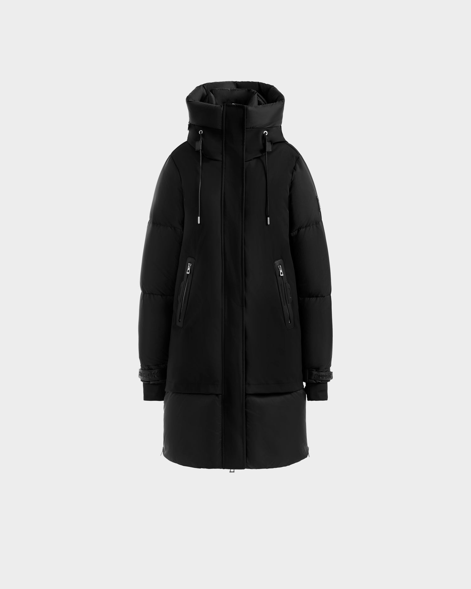 The Rudsak LAYAN - 8124576 Black/Vanilla is a women's knee-length down parka with a hood, zip and snap closure, adjustable drawstrings, and two zip side pockets, shown on a light gray background—ideal for stylish winter wear.