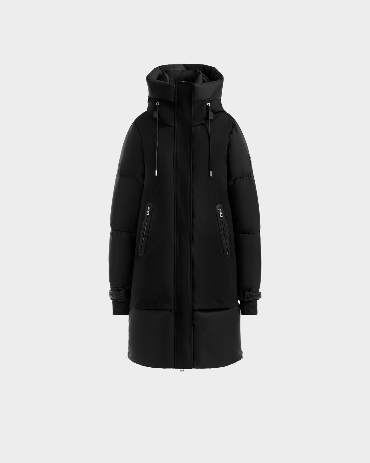 The Rudsak LAYAN - 8124576 Black/Vanilla is a women's knee-length down parka with a hood, zip and snap closure, adjustable drawstrings, and two zip side pockets, shown on a light gray background—ideal for stylish winter wear.