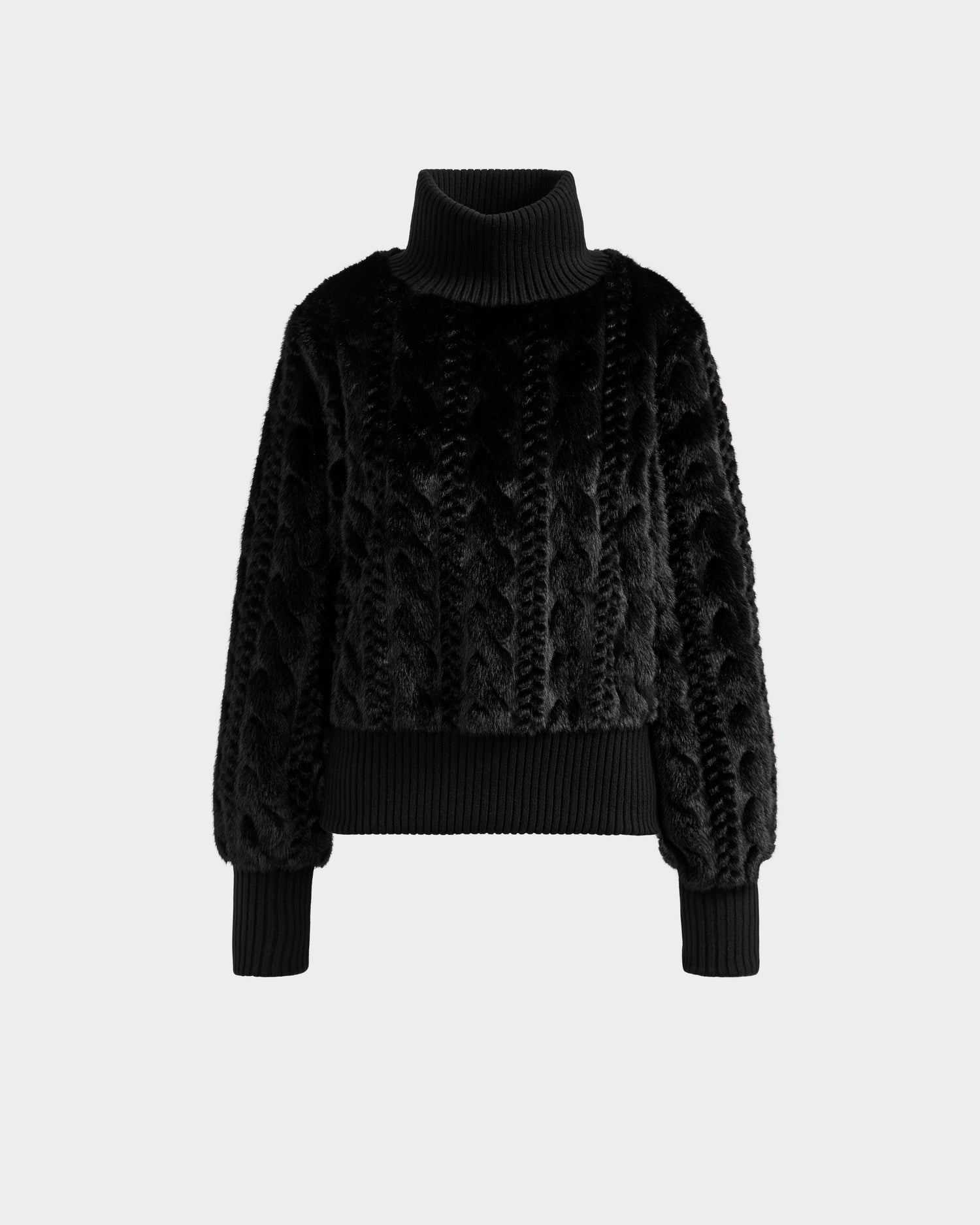The Rudsak LAYLA F - 8525630 Black women’s faux fur turtleneck sweater features cable knit-inspired texture, a chunky turtleneck, long sleeves, ribbed cuffs and waistband—ideal for après-ski style on a plain white background.