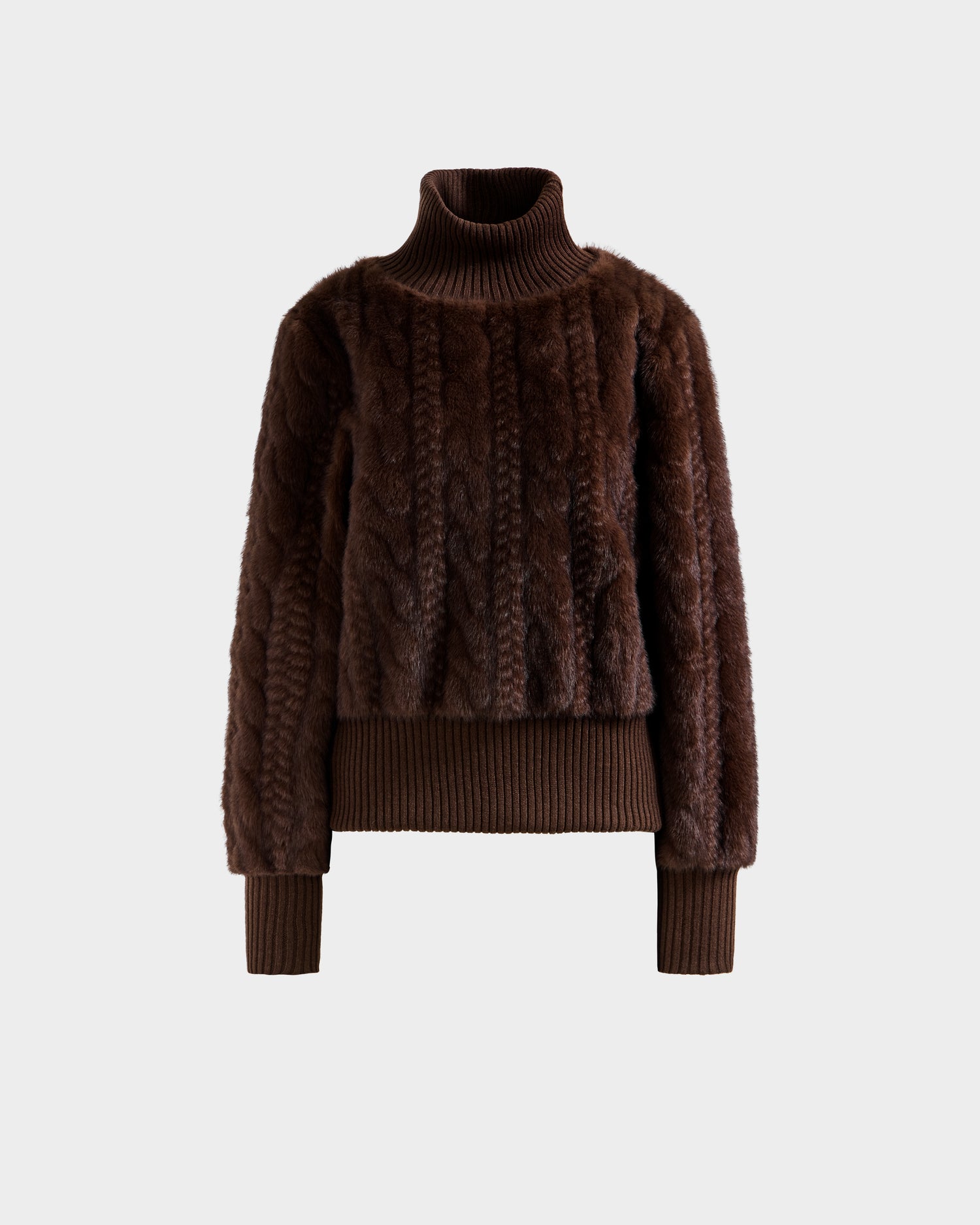 The LAYLA F - 8525630 Mocha by Rudsak is a women’s brown faux fur long-sleeve turtleneck sweater with a cable knit pattern, ribbed turtleneck, cuffs, and hem, displayed on a plain white background—ideal for après-ski style.