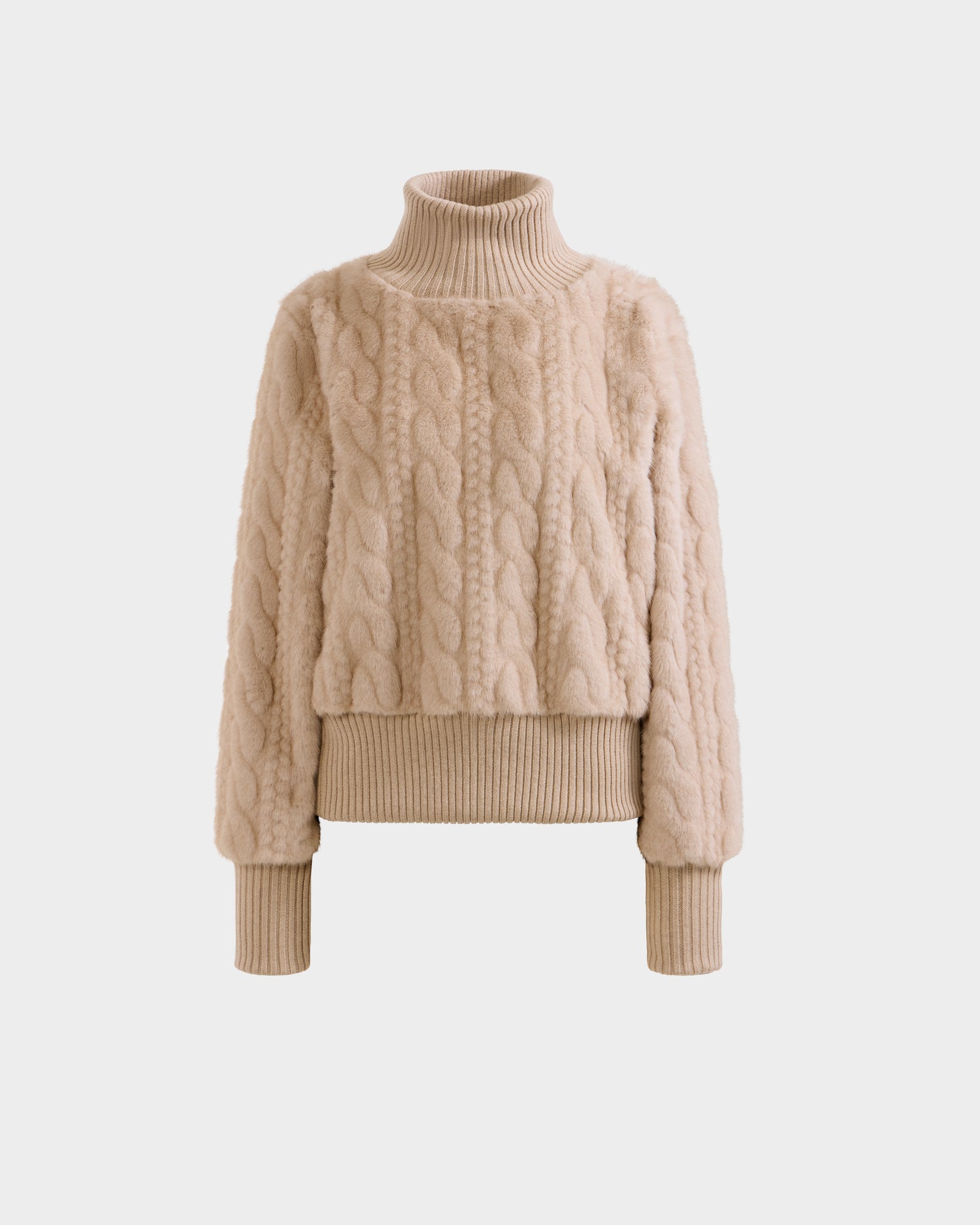 The Rudsak LAYLA F - 8525630 Vanilla is a beige, long-sleeve cable-textured turtleneck sweater with ribbed cuffs and hem, offering effortless après-ski style, shown against a plain white background.