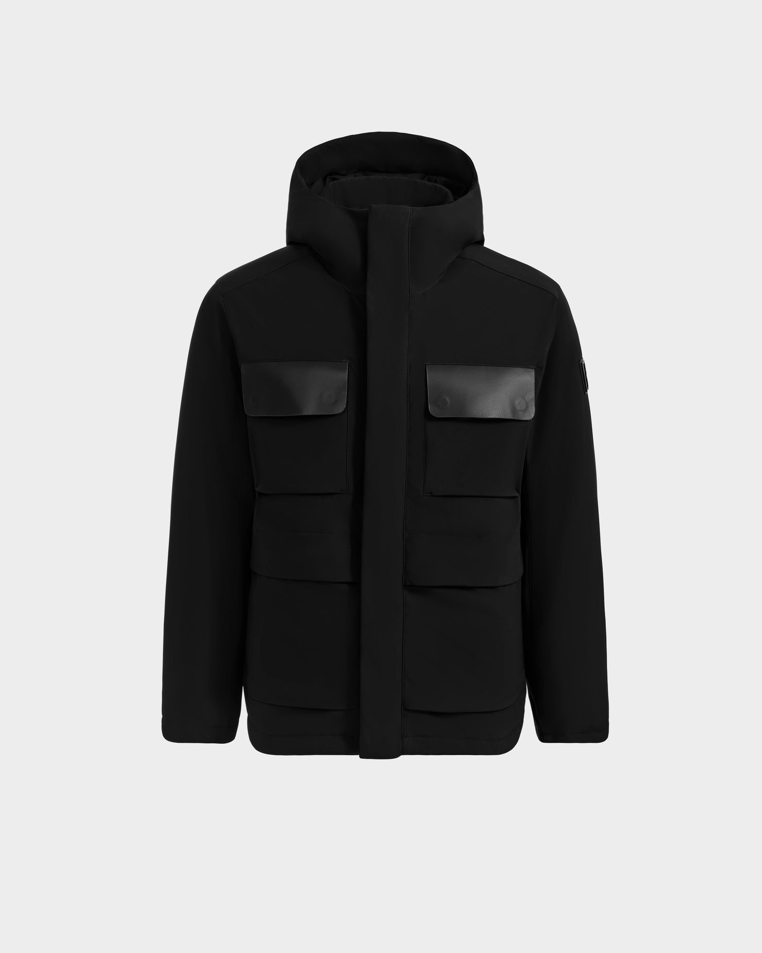 The Rudsak LAZIO - 6125527 Black men’s parka features a hood, high collar, front zipper, four large flap pockets, and down insulation for warmth and style—shown on a plain light grey background.