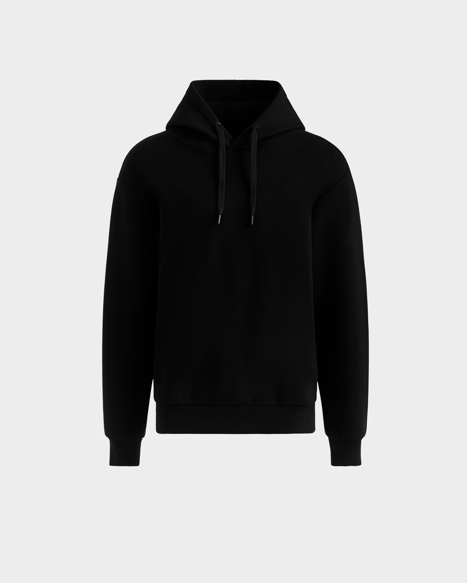 The LEROY - U525509 Black W by Rudsak is a plain black unisex hoodie with long sleeves and a front pocket, shown on a light gray background.