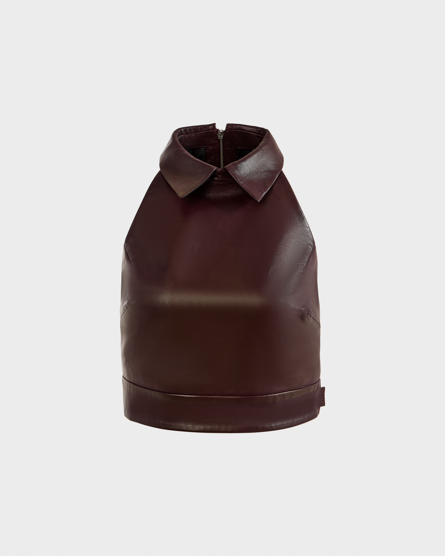 A sleeveless, bordeaux LOVELL - 8525557 leather halter top by Rudsak with a high neckline and pointed collar, shown against a plain light gray background.