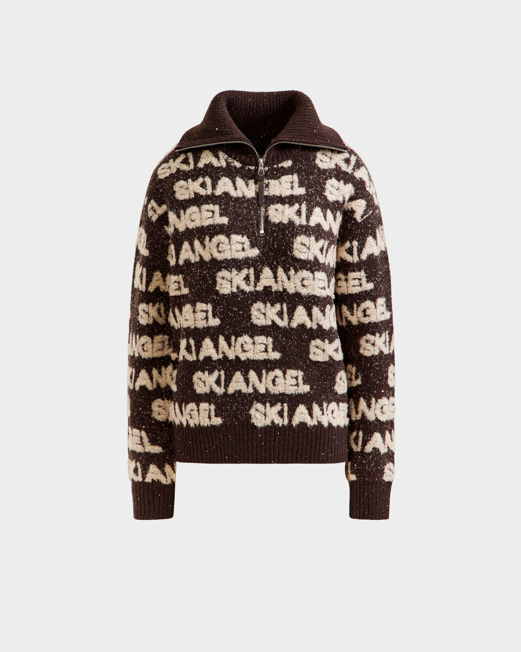 The LYDIA - 8525687 Espresso sweater by Rudsak is a brown women’s knit pullover with a zip-up collar, featuring “SKI ANGEL” in white across the front, sleeves, and collar—ideal for cozy après-ski style.