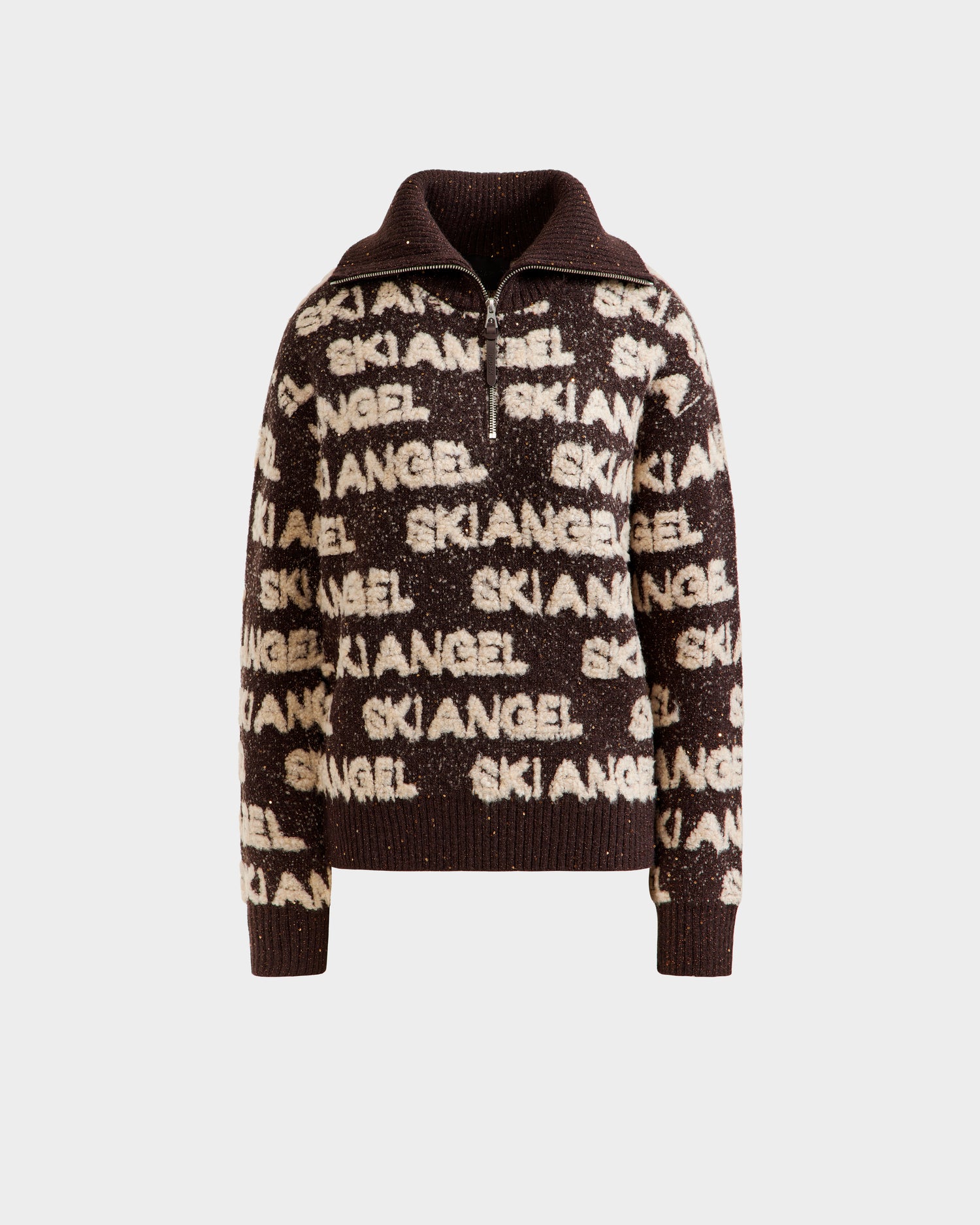The LYDIA - 8525687 Espresso sweater by Rudsak is a brown women’s knit pullover with a zip-up collar, featuring “SKI ANGEL” in white across the front, sleeves, and collar—ideal for cozy après-ski style.
