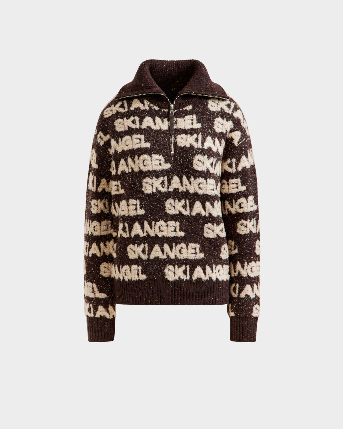The LYDIA - 8525687 Espresso sweater by Rudsak is a brown women’s knit pullover with a zip-up collar, featuring “SKI ANGEL” in white across the front, sleeves, and collar—ideal for cozy après-ski style.