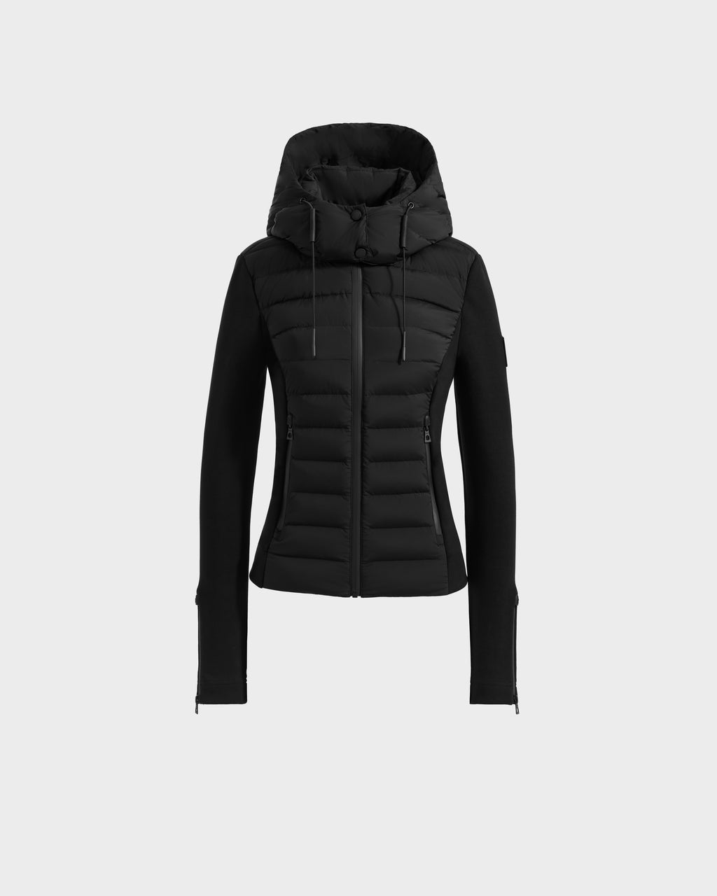 The Rudsak MABS - 8125055 Black is a black, fitted women’s puffer jacket with RDS-certified down fill, front zipper, zippered pockets, and attached hood—stylish lightweight activewear shown on a plain white background.