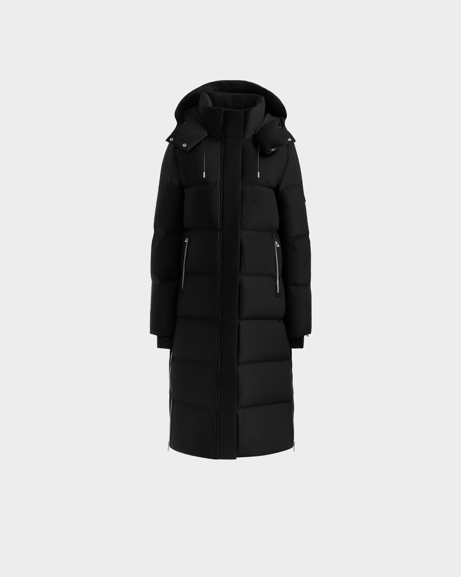 The Rudsak MAO H - 8125603 Black is a women's long down puffer with weather-resistant fabric, horizontal quilting, front zipper, two zippered pockets, and a hood, shown on a plain light background.