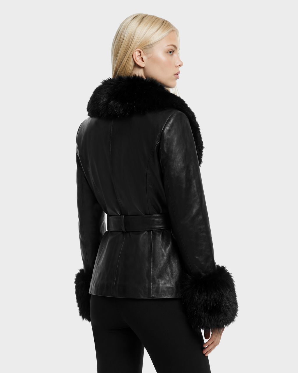 Rudsak MARILLA - 8126972 black leather jacket with a fur collar, fur-trimmed cuffs, and a belted waist.