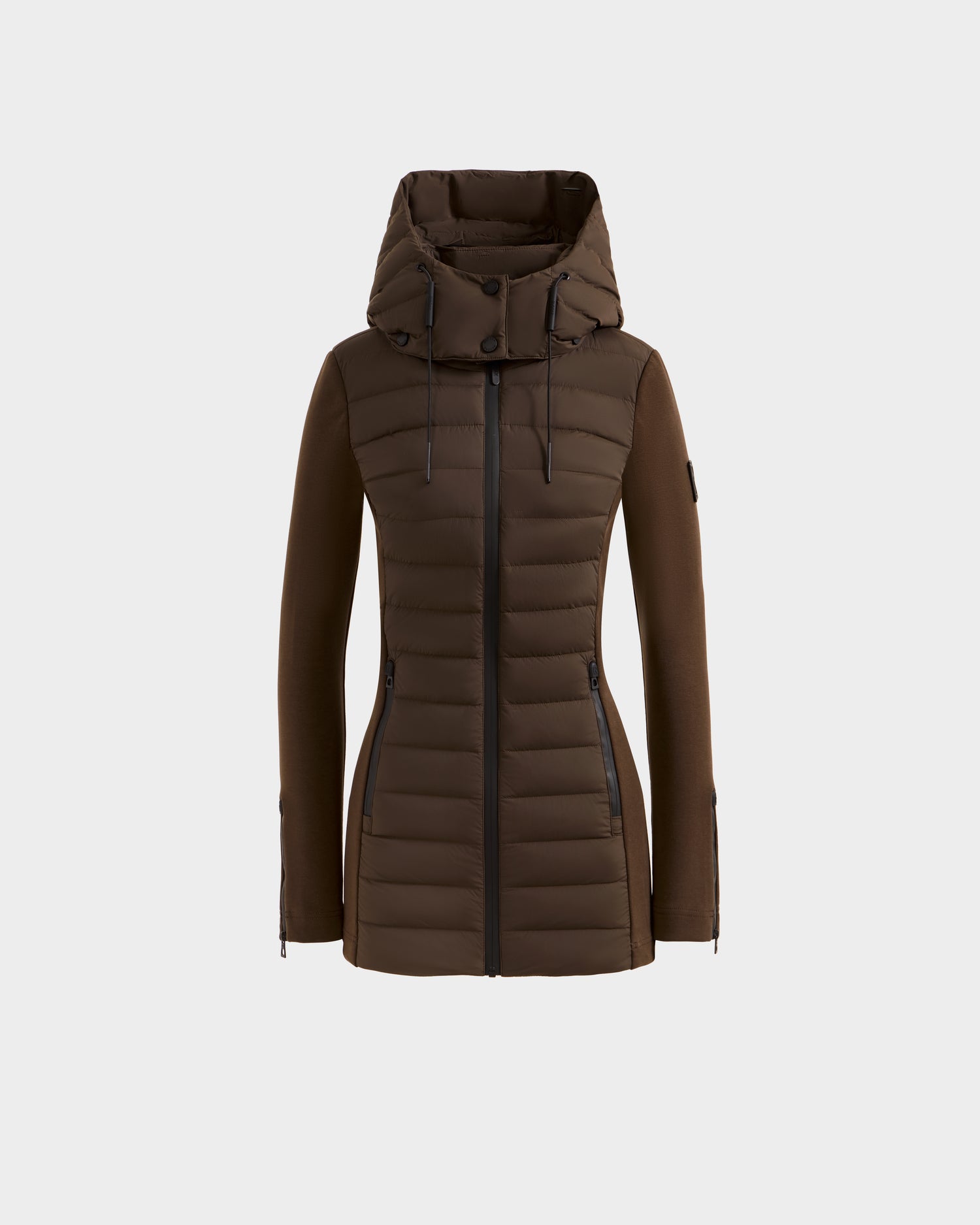 The Rudsak MARRY M - L125519 Espresso is a long, fitted brown puffer jacket with a hood, front zipper, and two zippered pockets, providing light down warmth and stylish comfort—shown on a plain white background.