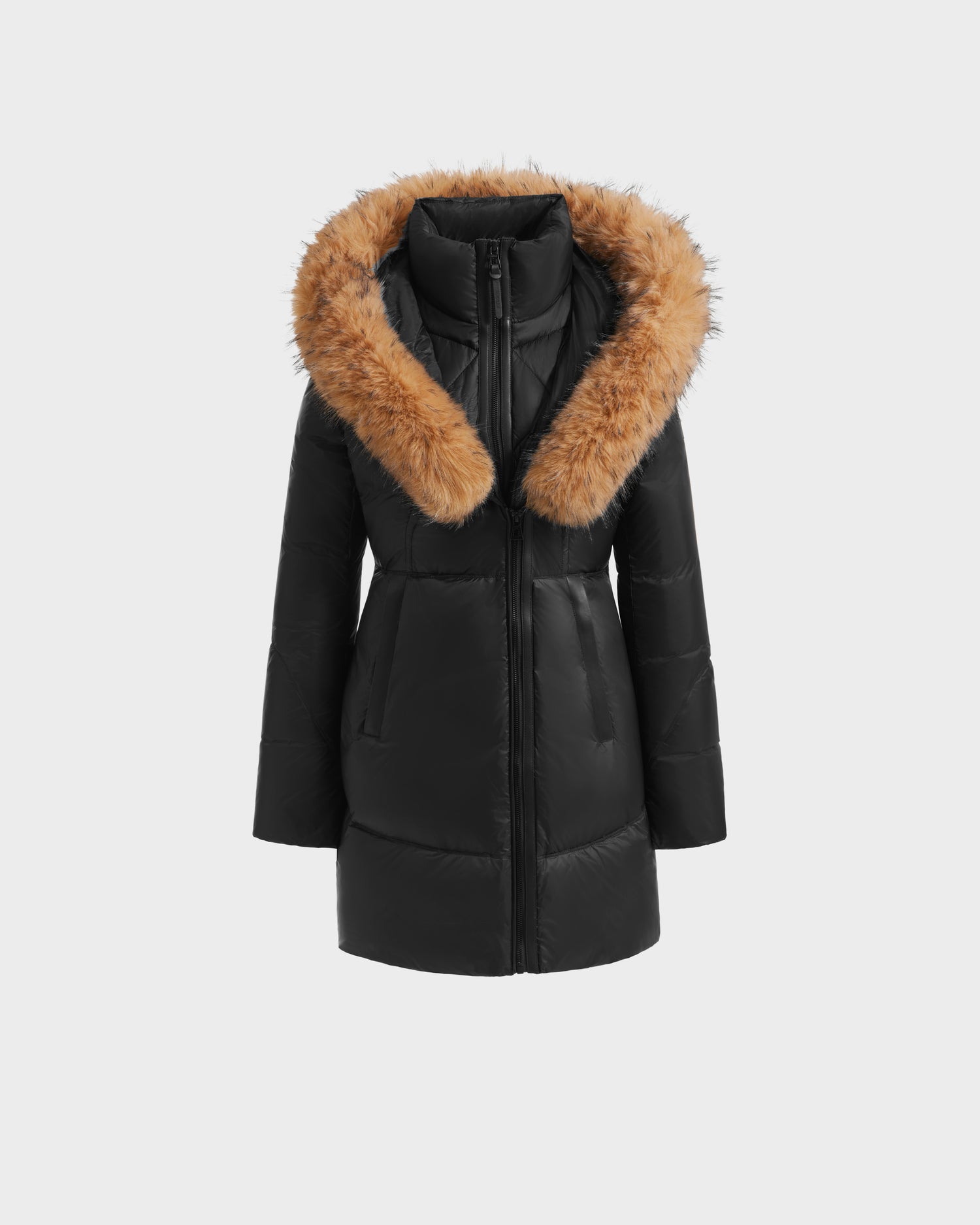 The MARTINA FF - L125609 Black by Rudsak is a mid-length puffer coat with RDS-certified down, a large hood with removable faux fur trim, front zipper, and two slanted pockets, shown on a plain white background.