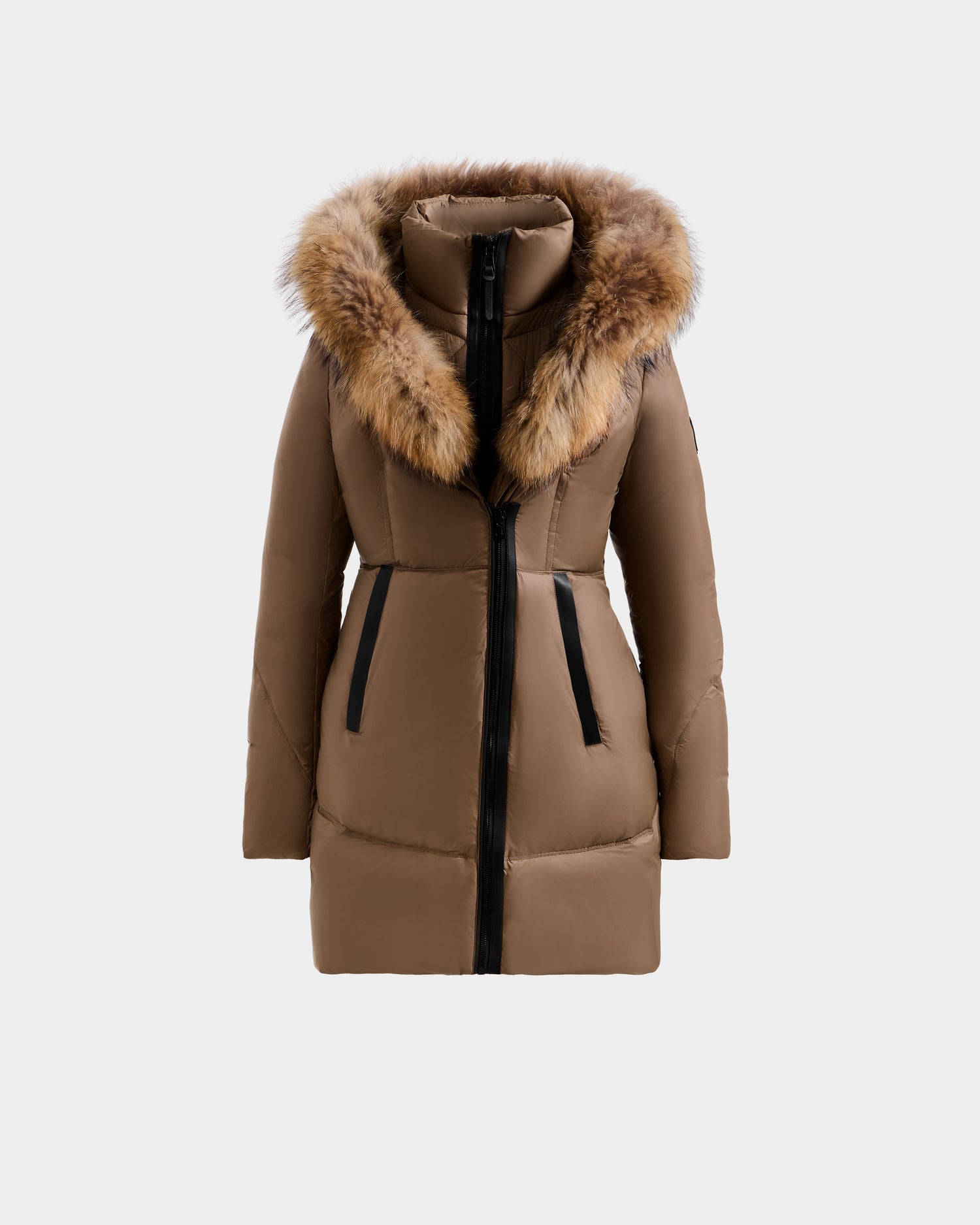 The MARTINA FF - L125609 Taupe by Rudsak is a brown, mid-length puffer coat with RDS-certified down, a large removable faux fur-trimmed hood, and black zipper and pocket accents, displayed on a plain white background.