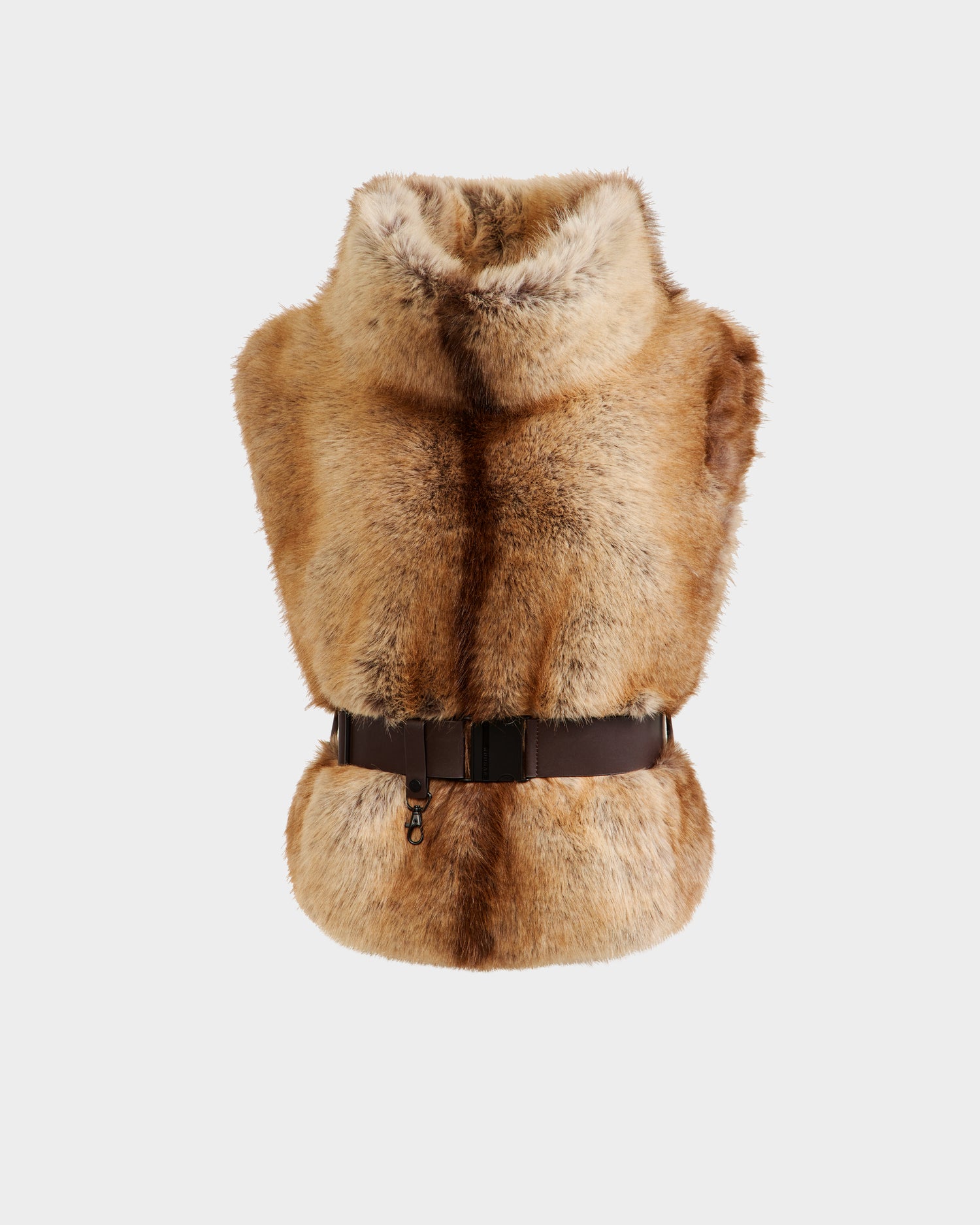 The Rudsak MAULIN - 8524611 Mix Mocha features a chic brown faux fur vest with a high collar and a wide vegan leather belt at the waist, shown on a plain white background.
