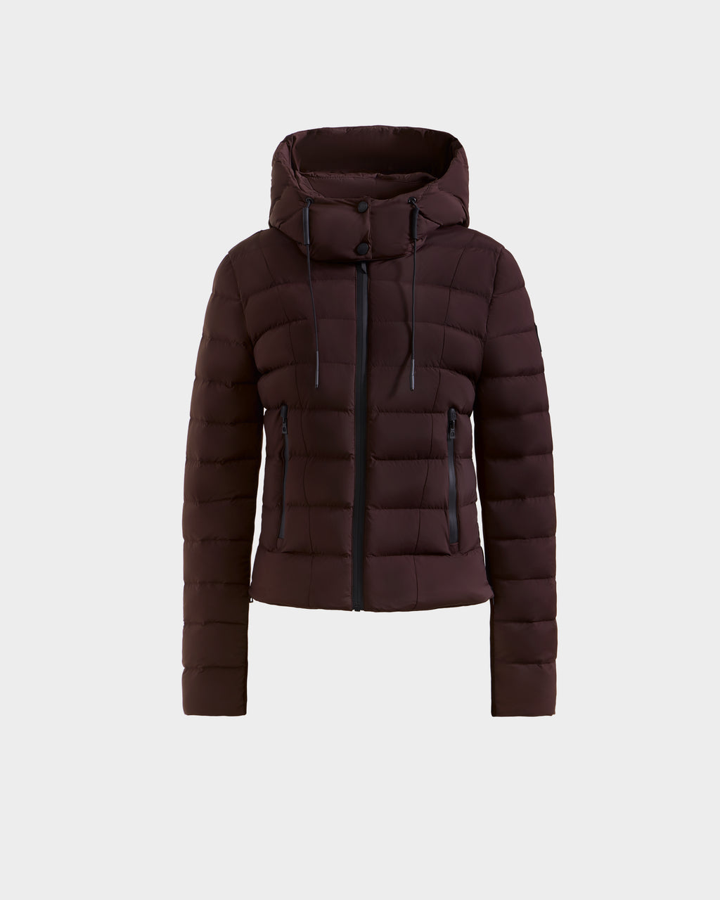 The Rudsak MELISSA - 8125054 Bordeaux is a dark brown women's puffer jacket with a hood, horizontal quilting, front zipper, and two side pockets, made from RDS certified down and shown on a plain light background.