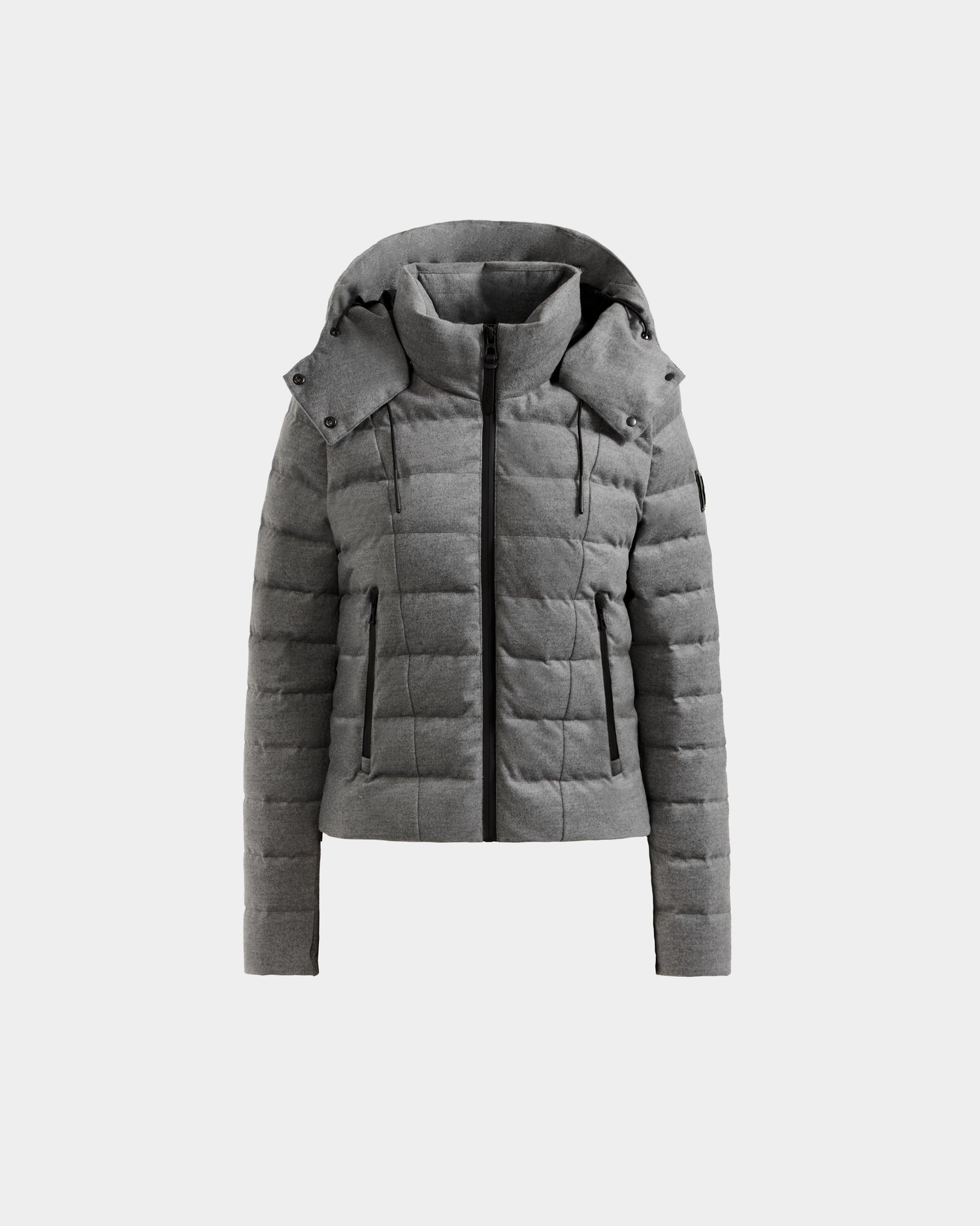 The Rudsak MELISSA W - 8125564 Heather Charcoal is a gray, quilted down jacket with a front zipper, two front pockets, and a detachable hood—perfect transitional outerwear for changing seasons, shown on a plain white background.