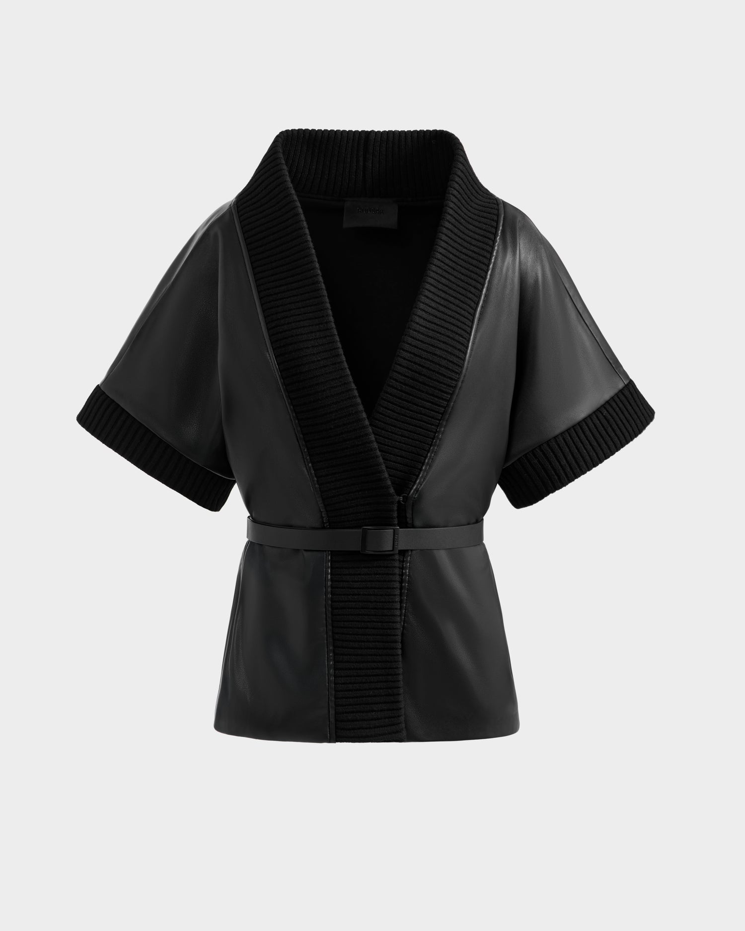 The Rudsak MENDOTA - 8525665 Black is a short-sleeve vegan leather wrap top with a wide ribbed knit collar and cuffs, front belt, and an open front design, displayed against a plain light gray background.