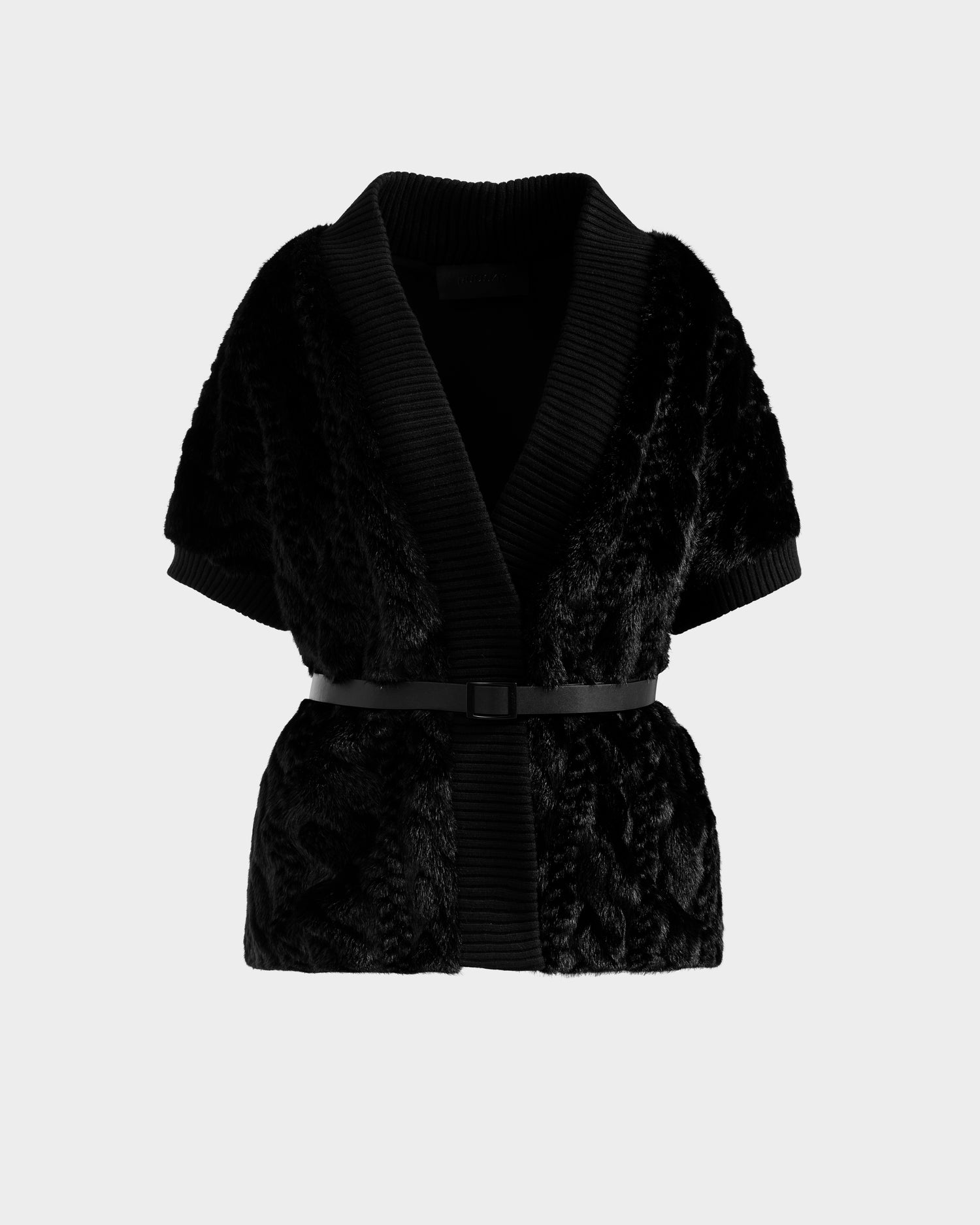 The Rudsak MENDOTA F - 8525561 Black is a short-sleeved faux fur top with a ribbed shawl collar and a vegan leather belt at the waist, shown on a plain white background.