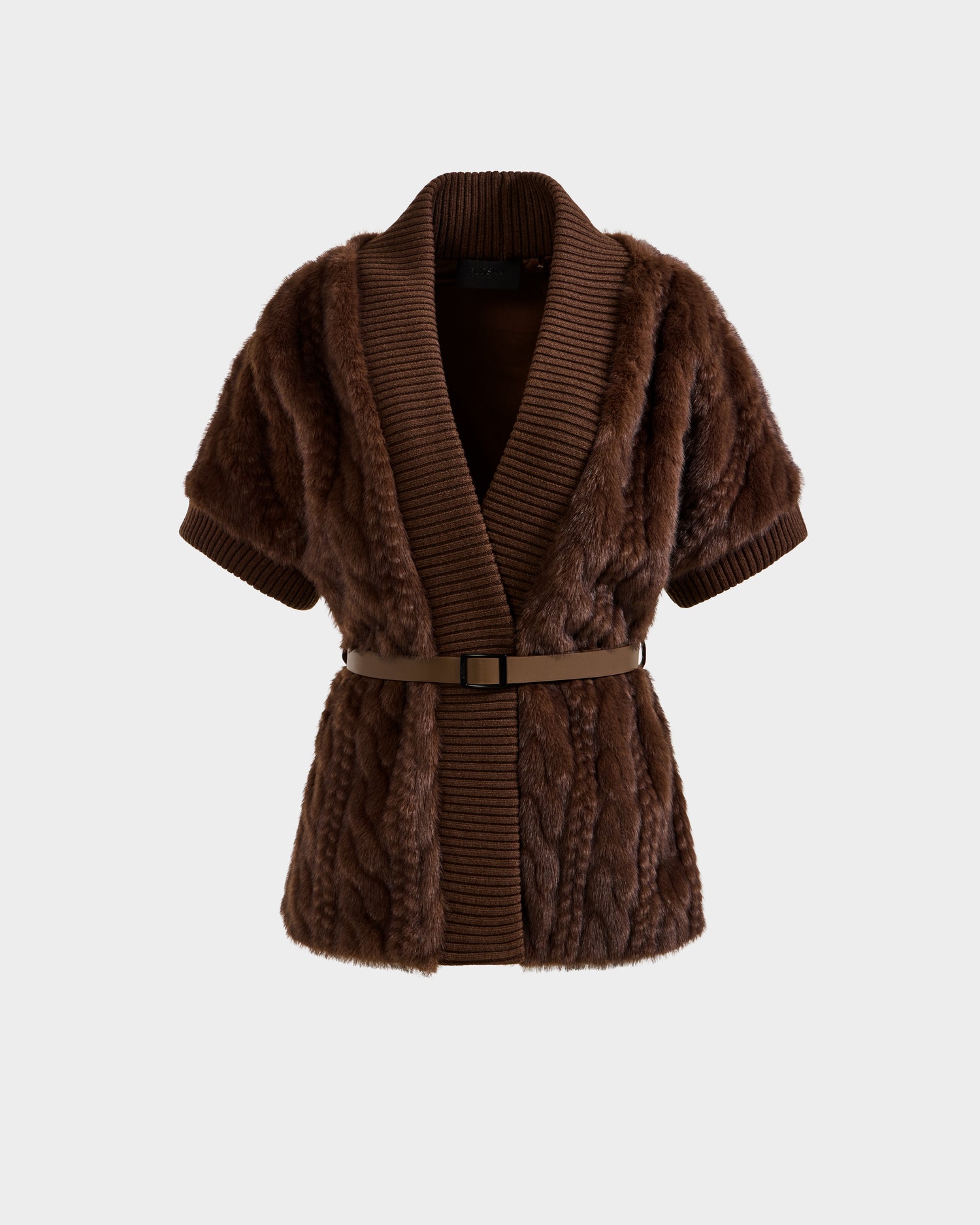 The Rudsak MENDOTA F - 8525561 Mocha is a short-sleeved brown faux fur cardigan featuring wide ribbed trim, a shawl collar, and a matching vegan leather belt, shown on a plain white background.