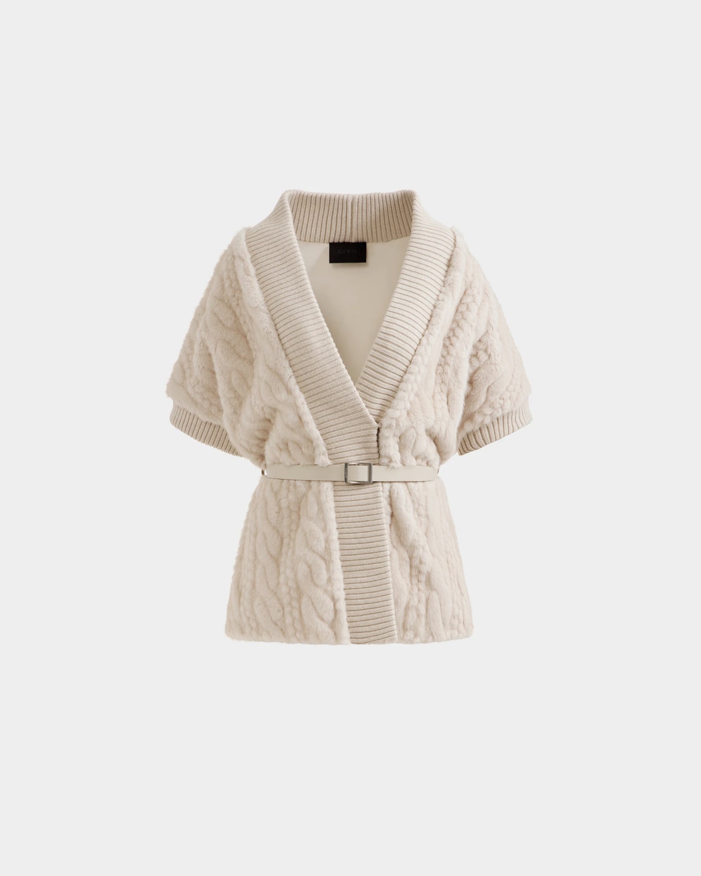 The Rudsak MENDOTA F - 8525561 Vanilla is a beige, short-sleeve cable-knit cardigan with a wide ribbed collar and matching knit belt, featured on a plain white background.