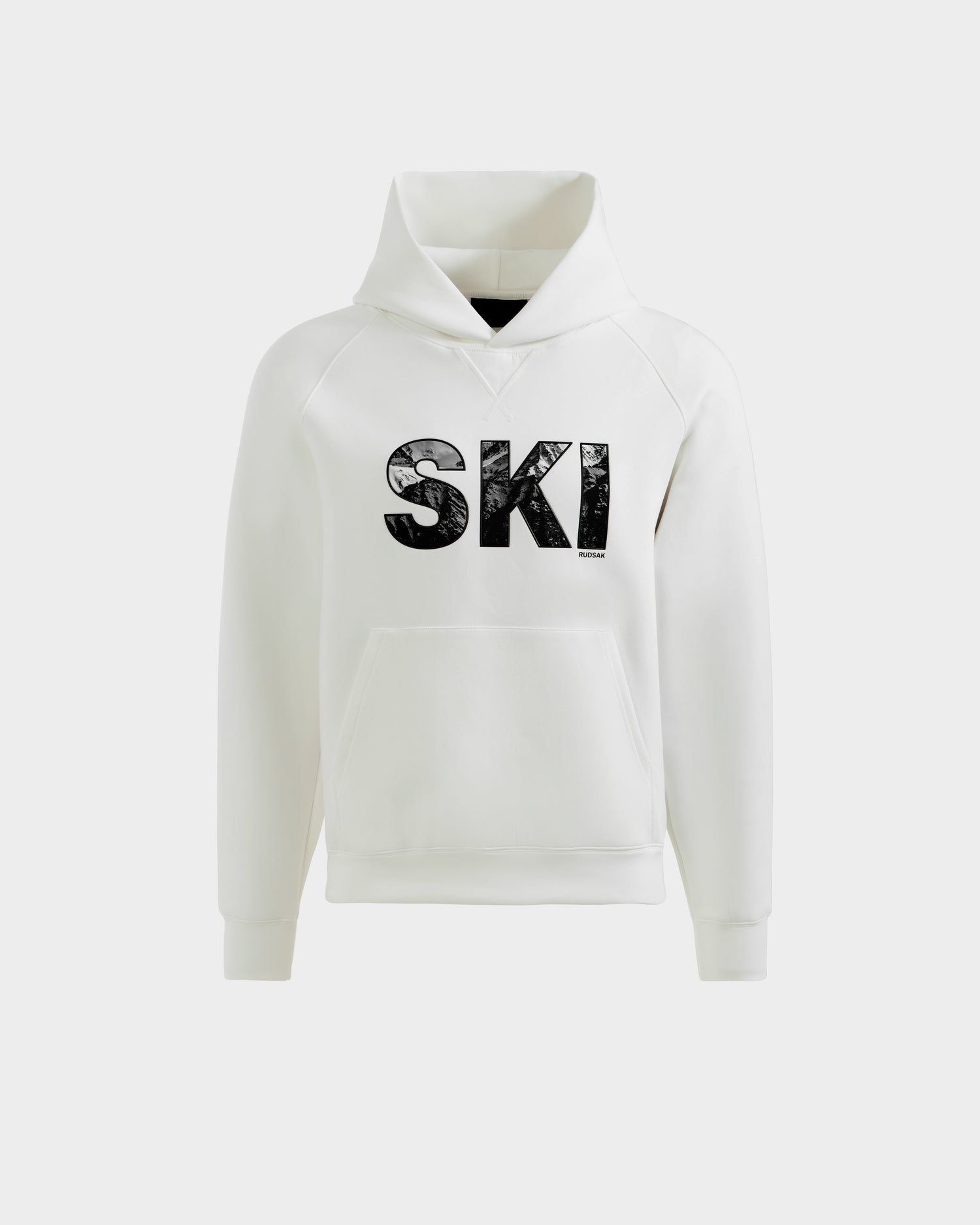 The MIKAEL - 6525647 Iceland men’s hoodie by Rudsak is a white, modern sweatshirt with a front pocket and bold black SKI lettering—perfect for any ski enthusiast.