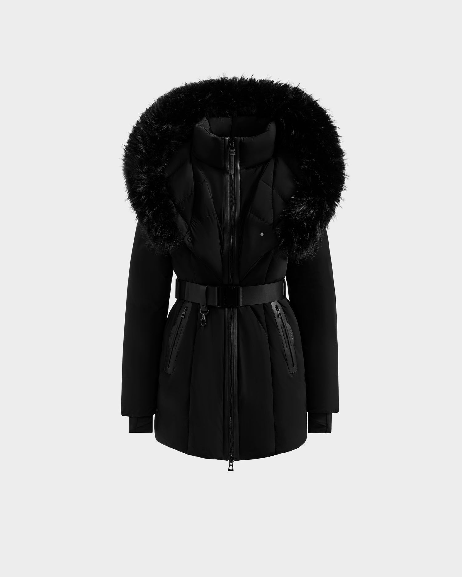 The Rudsak MODA FF - 8125969 Black/Black women's down puffer coat features a large faux fur hood, front zipper, belted waist, and zippered pockets, displayed on a plain light gray background.