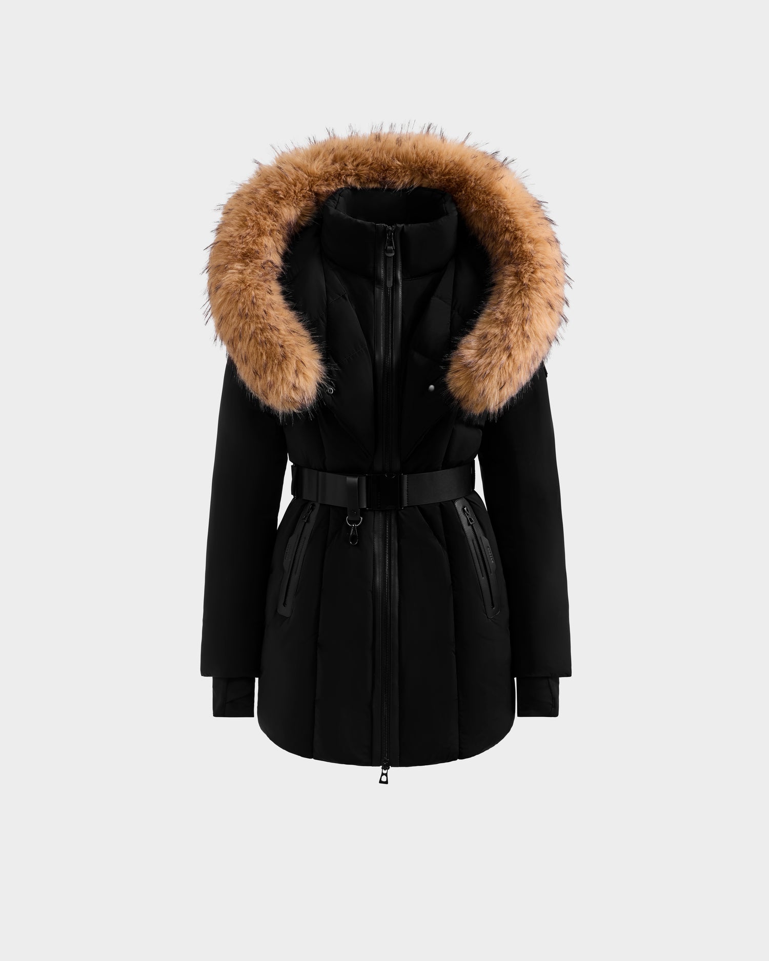 The Rudsak MODA FF - 8125969 in Black/Natural is a women’s fitted down puffer winter coat with a large brown faux fur-trimmed hood, front zipper, and zippered side pockets, shown against a plain light gray background.