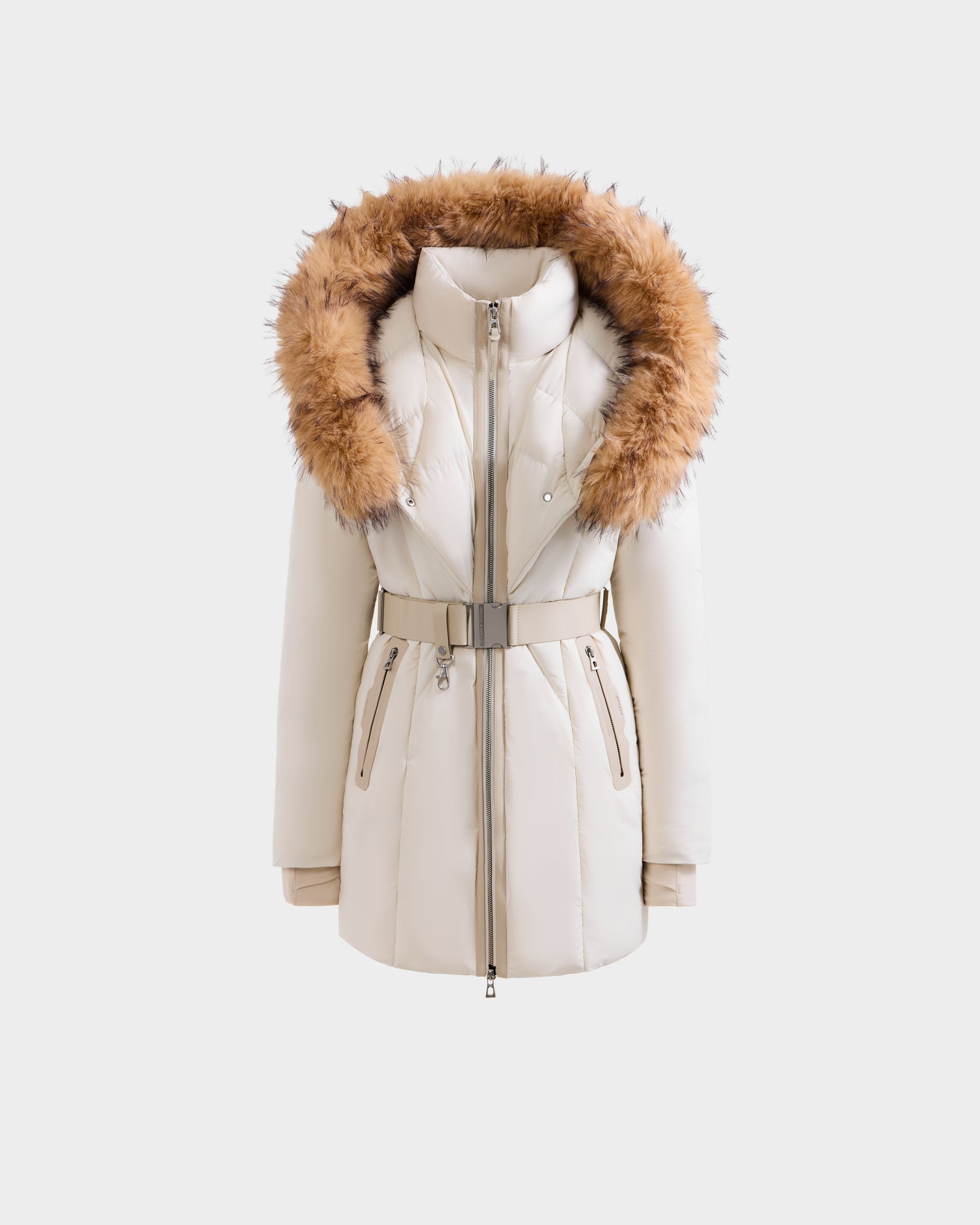 The Rudsak MODA FF - 8125969 Vanilla is a cream-colored women's fitted down puffer winter coat with a brown faux fur-trimmed hood, front zipper closure, and zippered pockets, shown on a plain white background.