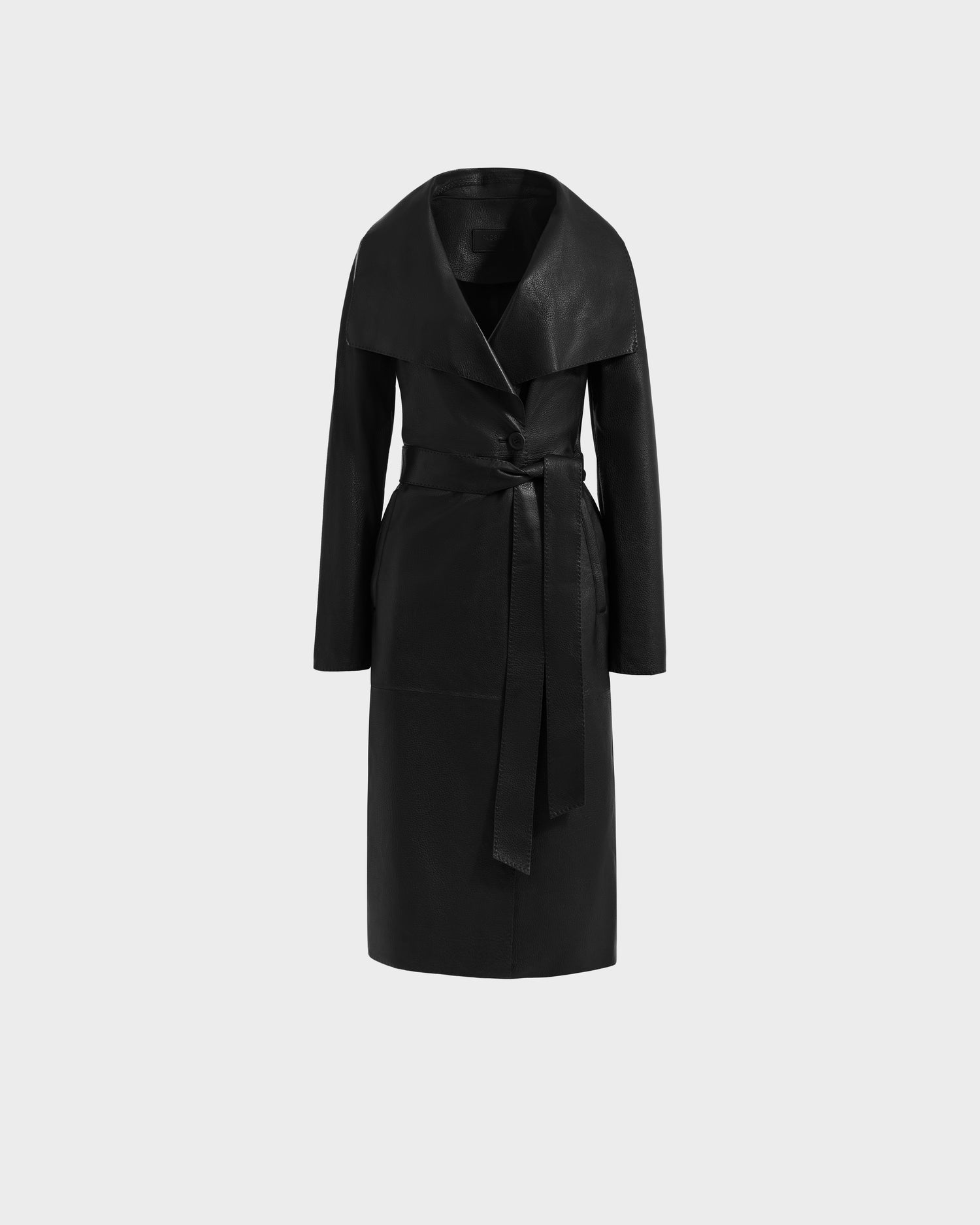 The Rudsak MURMU X - 8125670 Black is a women’s knee-length wrap coat with a wide collar, long sleeves, and a matching waist belt, shown against a light gray background—perfect for investment dressing.