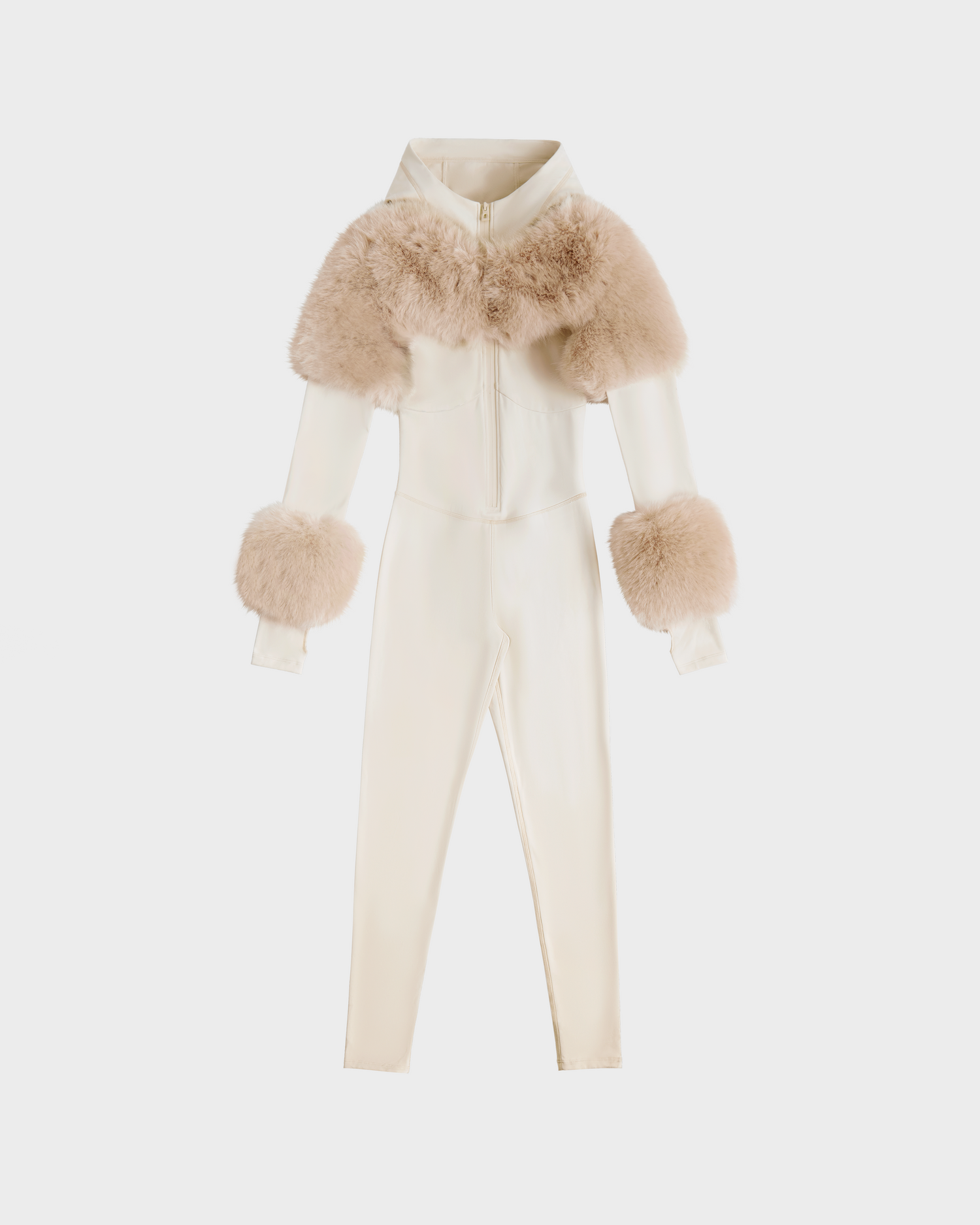 The Rudsak MYLA - 8525671 Vanilla is a cream women’s bodysuit with a front zipper and beige faux fur trim on the chest, shoulders, and cuffs—ideal for après-ski style—shown against a white background.