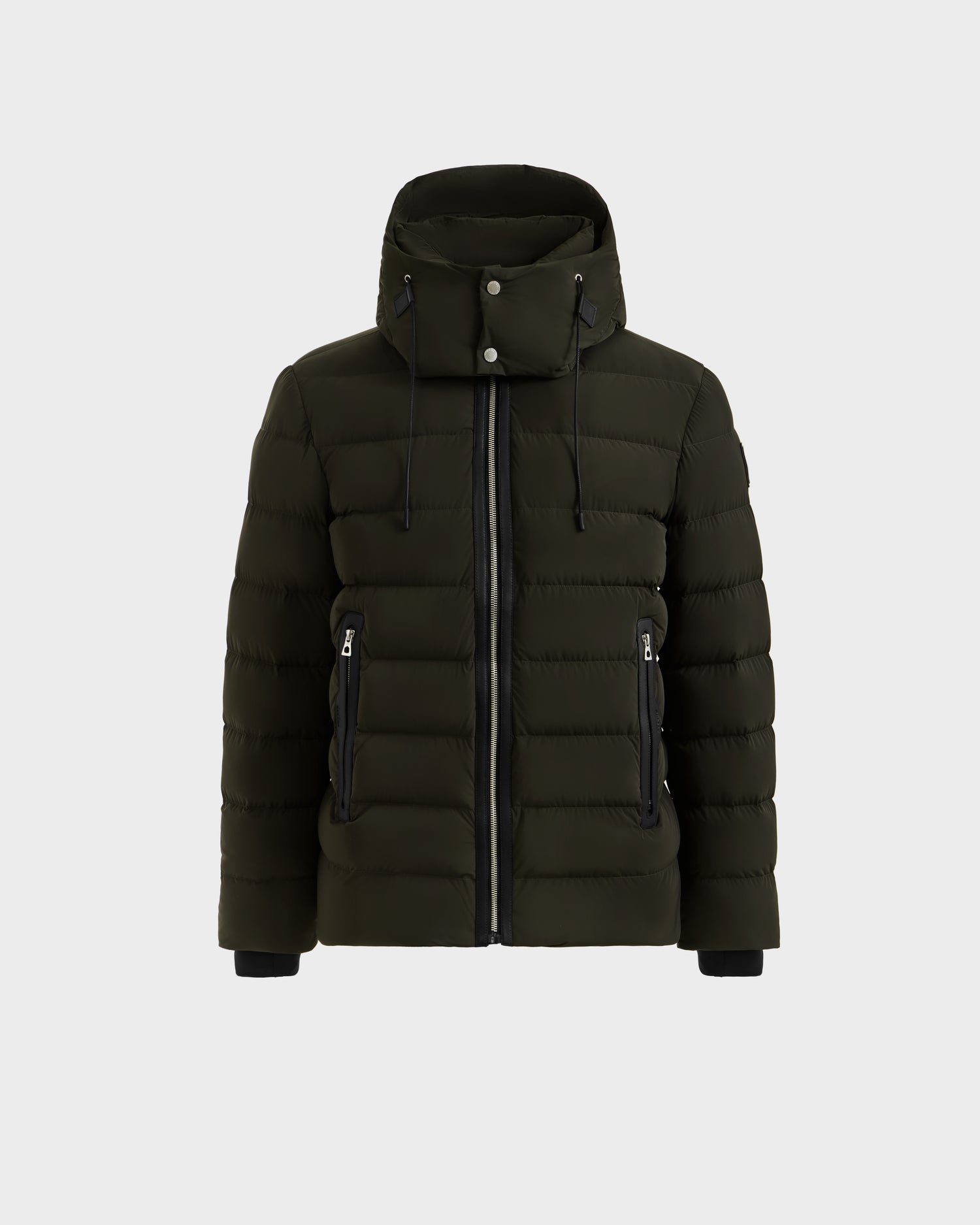 The Rudsak NAVAN - 6125598 Dark Olive is a men’s hooded down puffer jacket with black-accented zippered pockets and cuffs, made with RDS-certified down, shown on a plain white background.