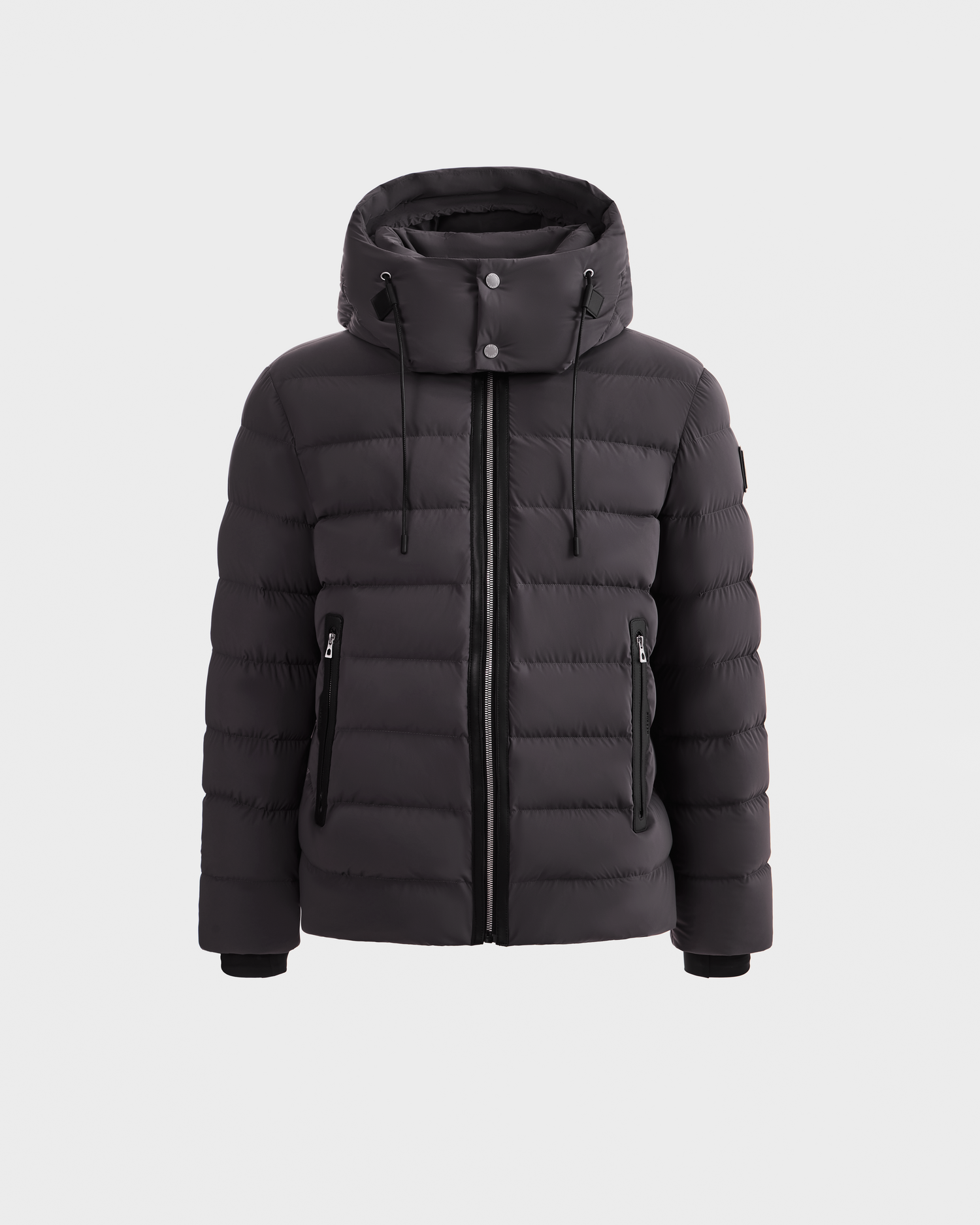 The Rudsak NAVAN - 6125598 Grey men's down puffer jacket features RDS-certified down, a quilted design, hood, front zipper, two zippered side pockets, and adjustable drawstrings, shown against a plain white background.