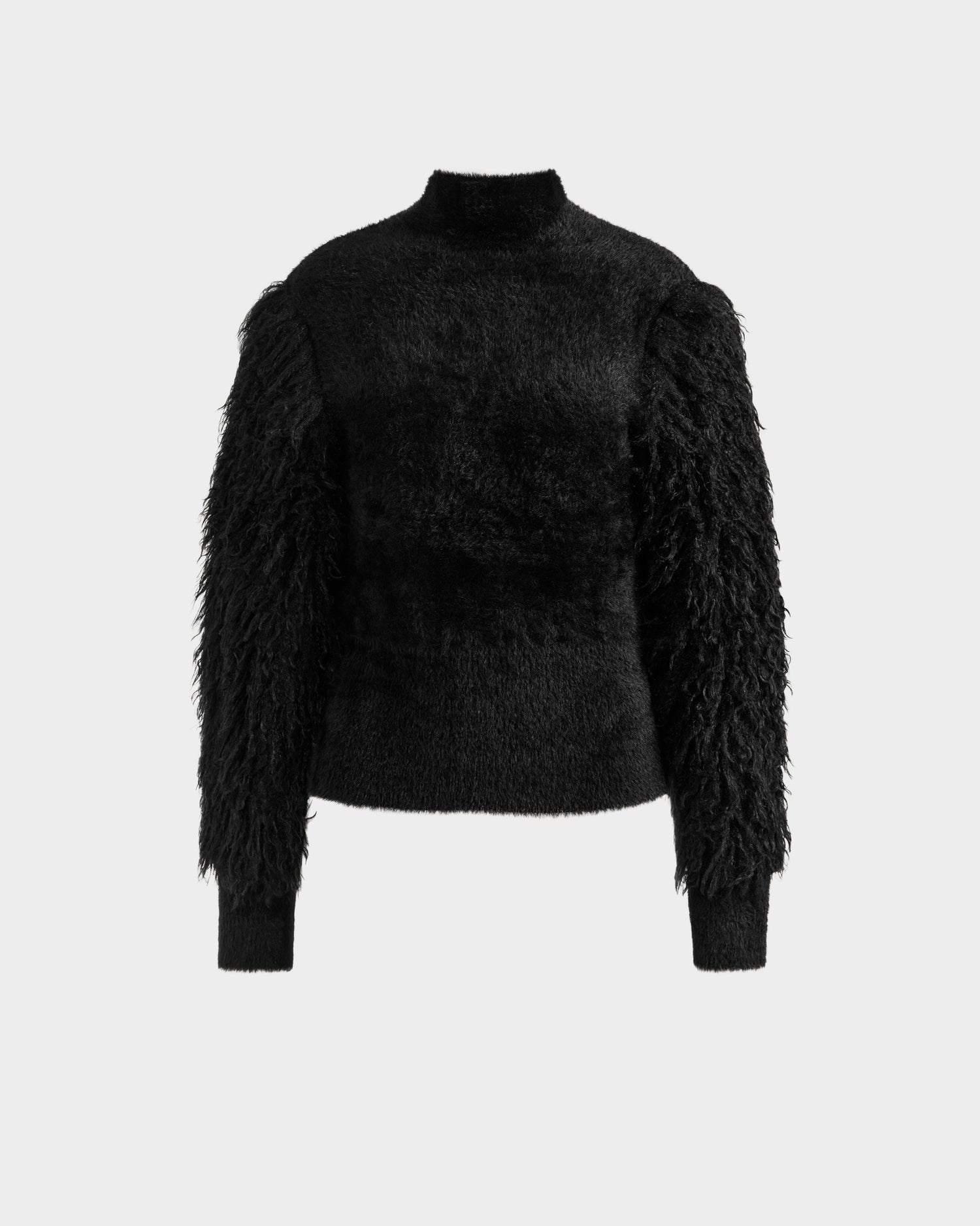 The Rudsak NOEL - 8525571 Black is a women’s mock-neck sweater with a textured body and shaggy faux fur sleeves, ideal for winter layering and shown against a plain white background.