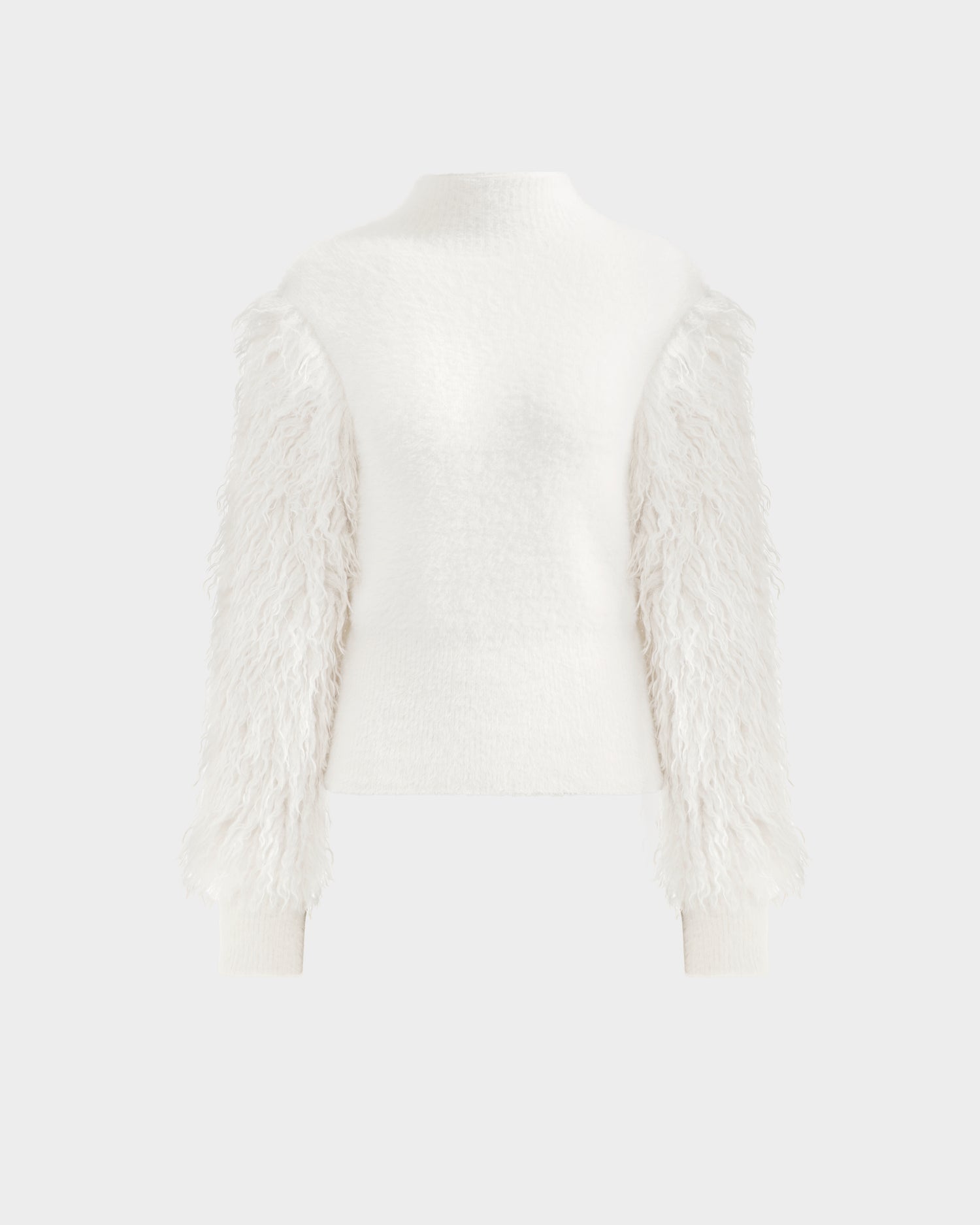 The Rudsak NOEL - 8525571 Vanilla is a white women's mock-neck sweater with a fitted torso and textured faux fur sleeves, perfect for winter styling; shown on a plain light gray background.