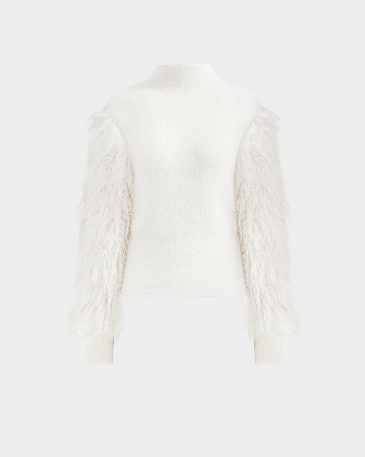 The Rudsak NOEL - 8525571 Vanilla is a white women's mock-neck sweater with a fitted torso and textured faux fur sleeves, perfect for winter styling; shown on a plain light gray background.