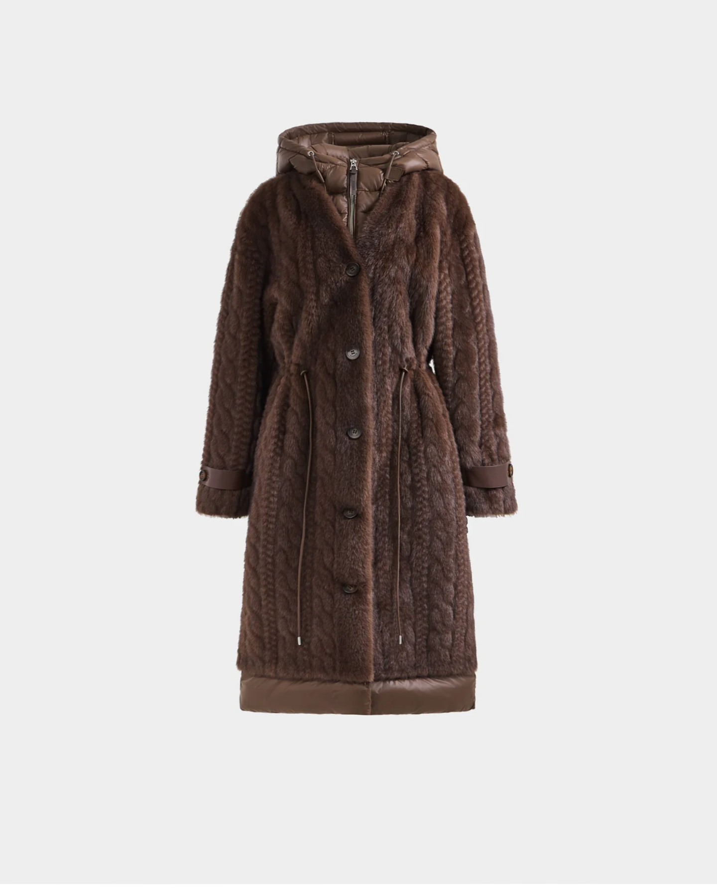 The ORIANA - 8125545 Mocha by Rudsak is a long brown women’s faux fur coat with a hood, front buttons, drawstring waist, and vegan leather trim at the cuffs and hem for added style.