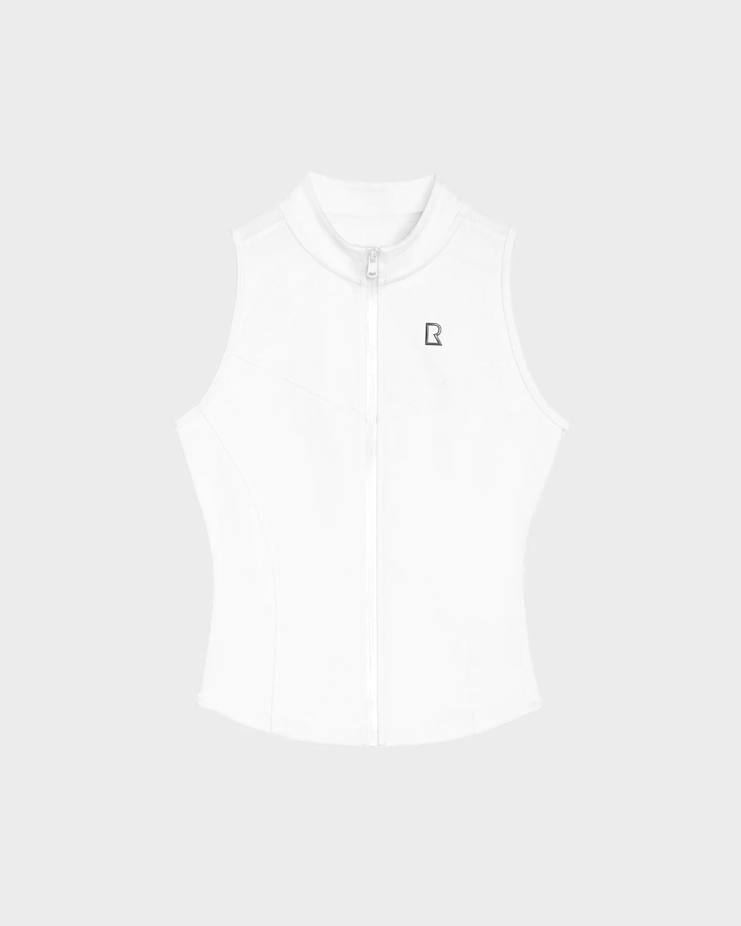 The Rudsak PATTY - 8524073 Eggshell is a women's sleeveless fitted zip-up top with a high collar and small black logo, made from Soft Tech fabric—ideal for elevated activewear style. Displayed on a plain light gray background.