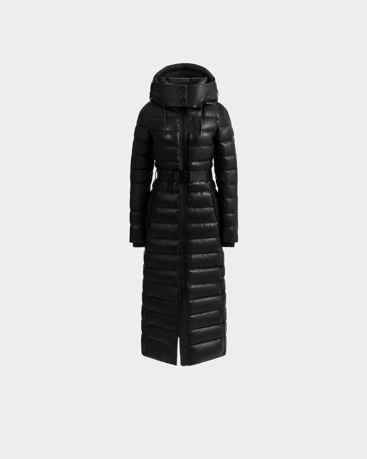The Rudsak PELIN LX - 8125692 Black women's long quilted maxi coat features a high collar, hood, belted waist, and front zipper, displayed on a plain light gray background.
