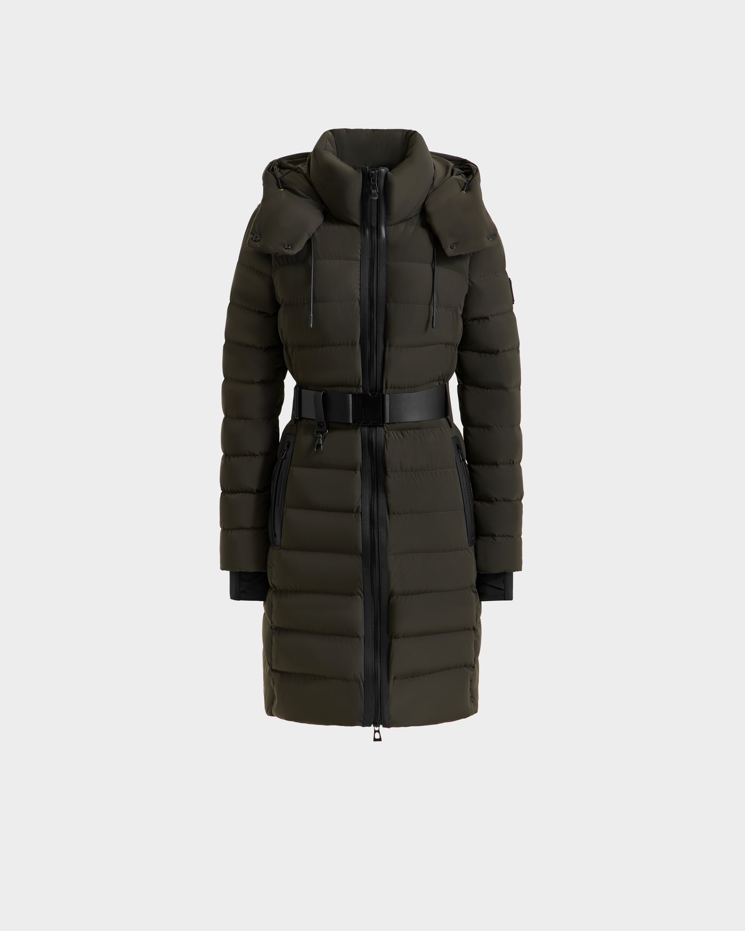 The Rudsak PELIN M - 8124814 Dark Olive women’s down puffer coat features a belted waist, front zipper, hood, zippered pockets, and RDS-certified quilting, shown against a plain white background.