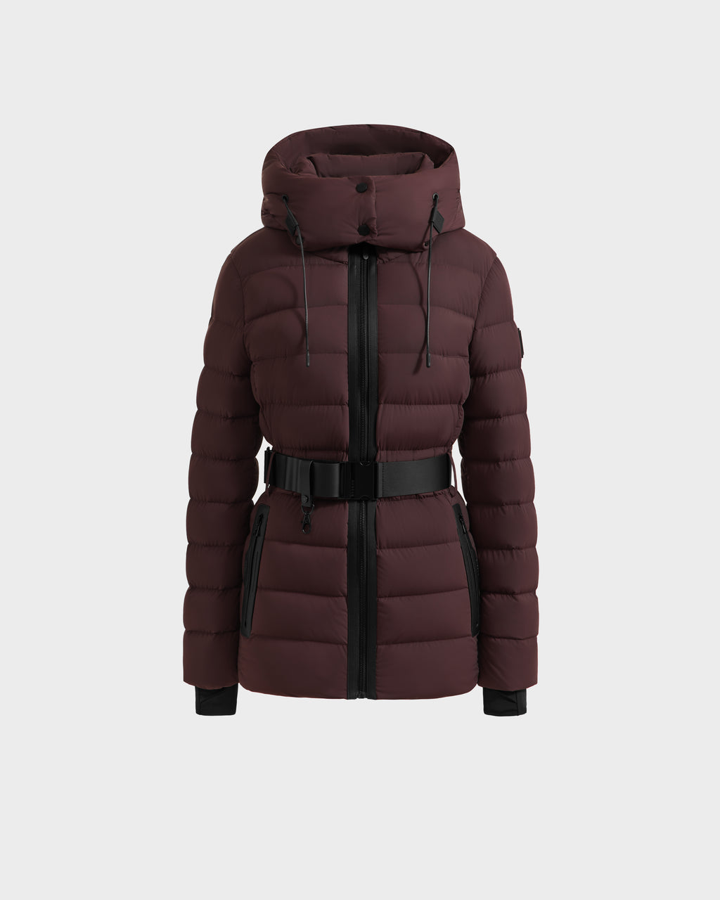 The Rudsak PELIN S - 8124813 Bordeaux womens down puffer jacket features a hood, black front zipper, belted waist, and black-trimmed pockets and cuffs, shown on a plain light gray background.