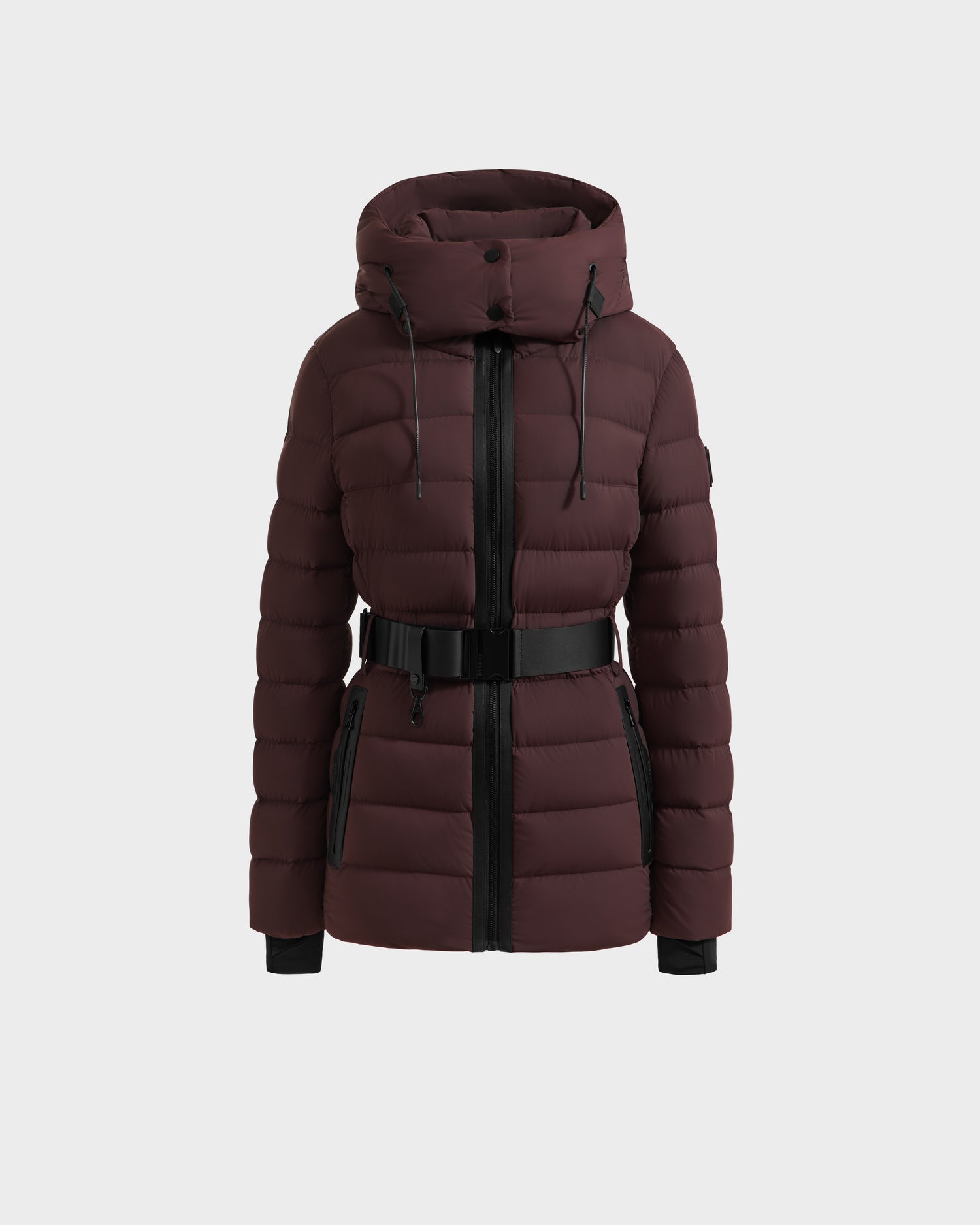 The Rudsak PELIN S - 8124813 Bordeaux is a maroon womens hooded down puffer jacket with a black front zipper, matching belt, and black pocket accents, crafted with RDS-certified down and shown on a plain light gray background.
