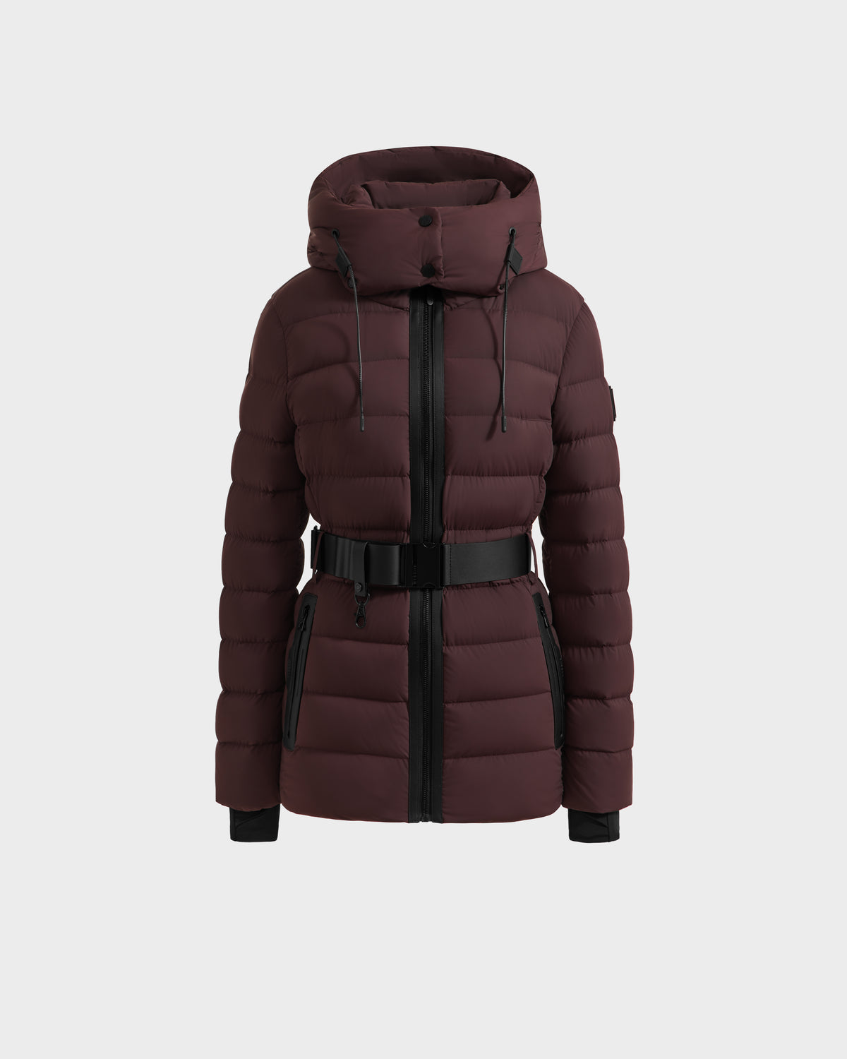 The Rudsak PELIN S - 8124813 Bordeaux womens down puffer jacket features a hood, black front zipper, belted waist, and black-trimmed pockets and cuffs, shown on a plain light gray background.