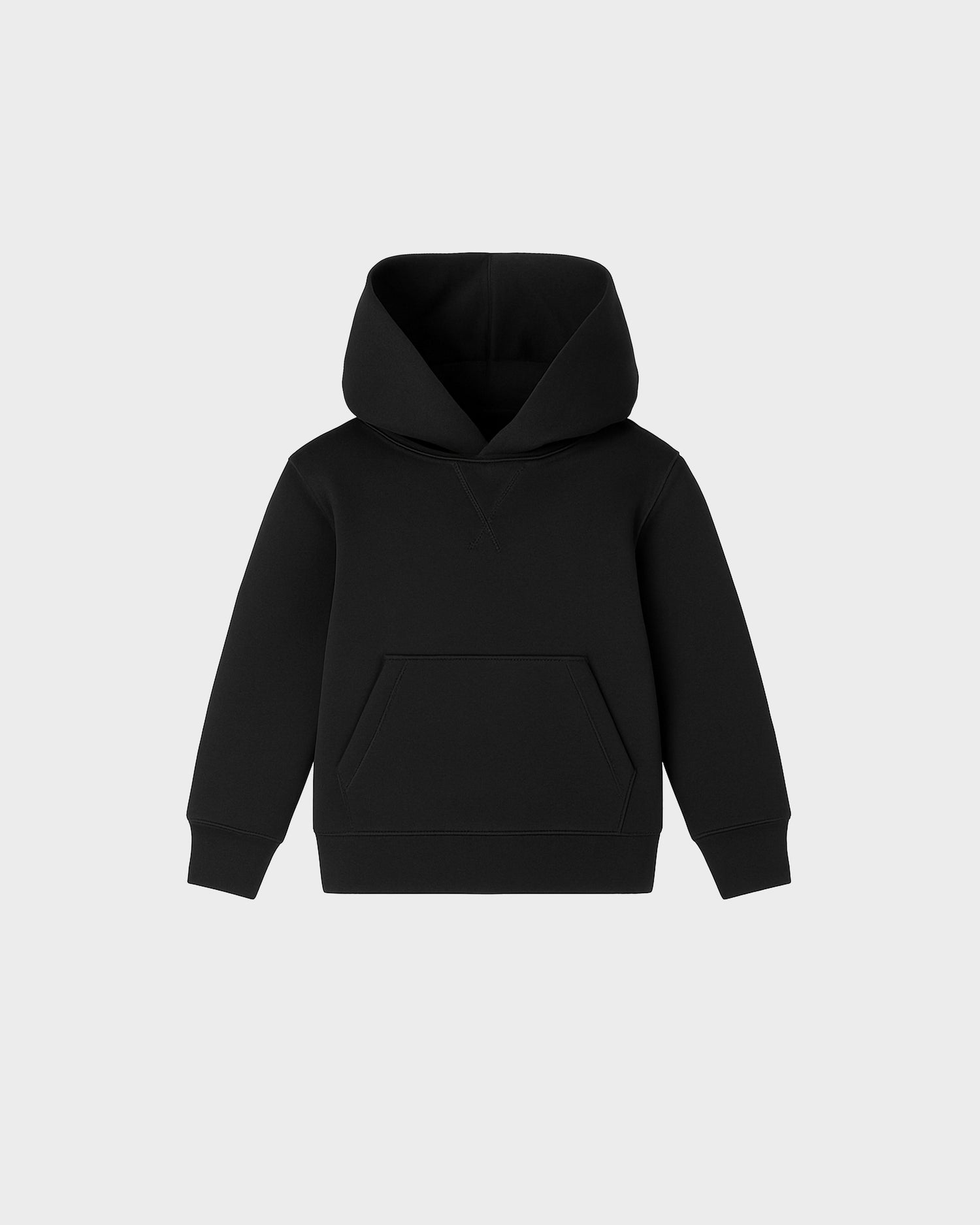 The RAINEY - 1525002 Black by Rudsak is a black hooded sweatshirt featuring a front kangaroo pocket, long sleeves, and ribbed cuffs and hem, displayed on a light gray background.