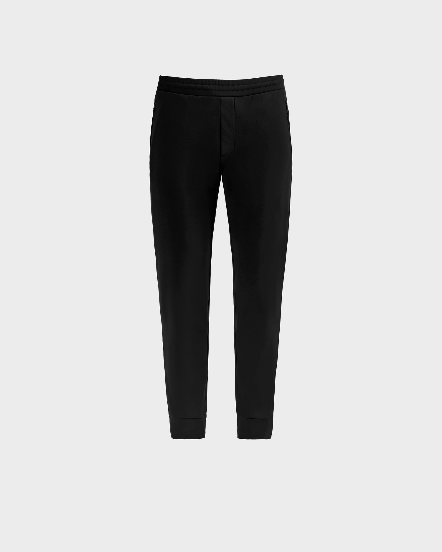The REGIS - 6525582 Black joggers by Rudsak feature an elastic waistband and cuffed ankles, made from stretch-infused fabric, shown against a light gray background.