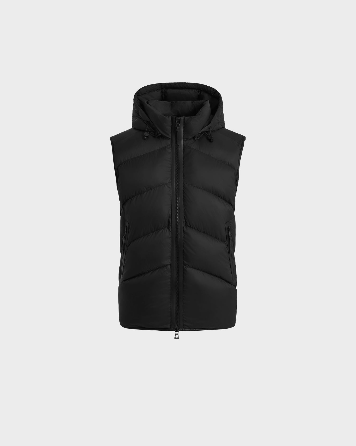 The Rudsak RICHARDSON - M125527 Black men's hooded vest features a sleek, water-repellent design with vertical quilting, side zip pockets, and front zipper. Lightweight and sleeveless, it's shown against a plain light grey background.