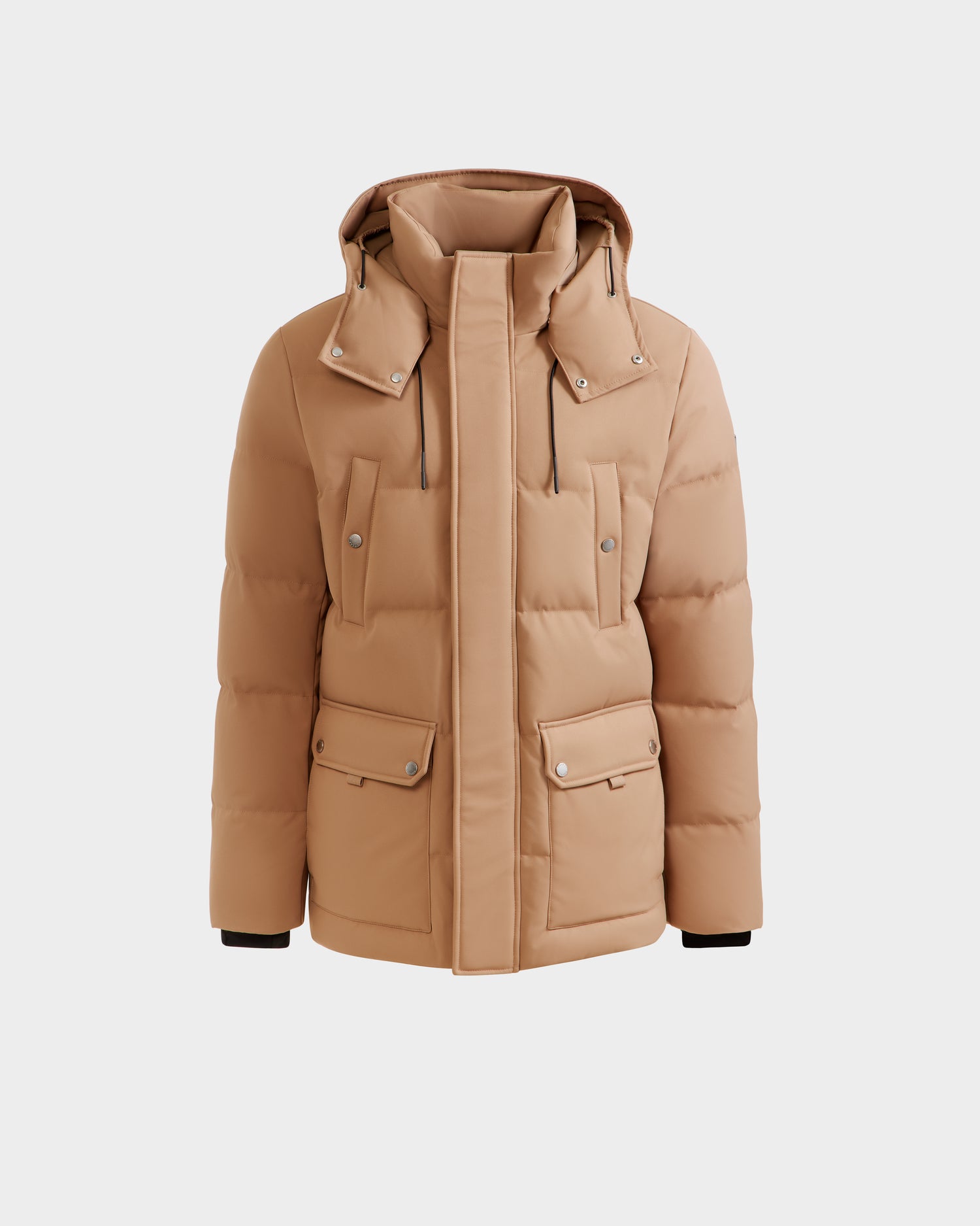 The Rudsak RICKY - M123502 Sand men’s quilted down parka features a hood, front zipper, two chest pockets, and two large flap waist pockets—ideal for winter style. Shown against a plain white background.