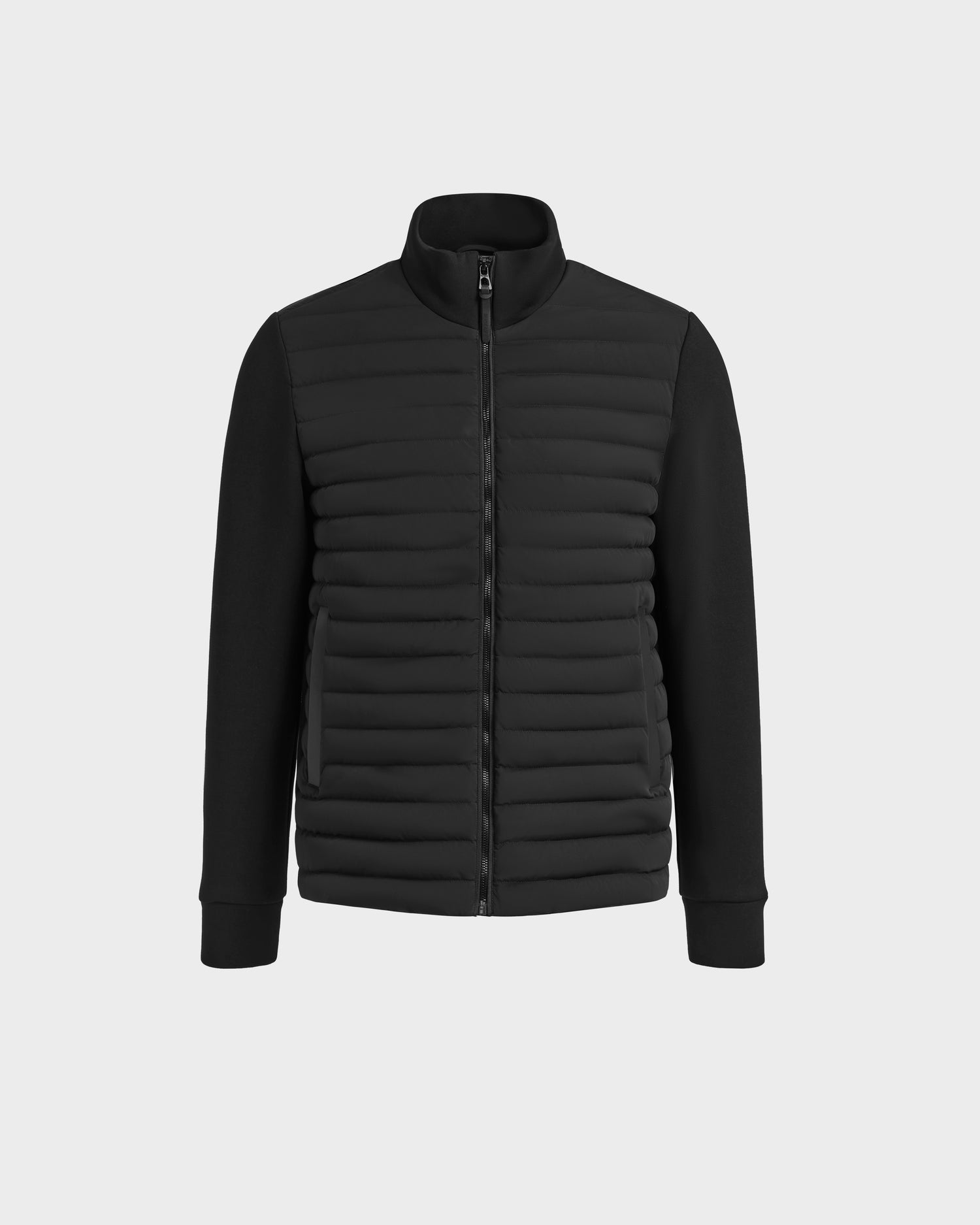 The ROMAN - M125010 Black by Rudsak is a black zip-up lightweight down jacket with a quilted front, smooth sleeves, city-ready style, high collar, vegan leather trims, and side pockets, shown on a plain white background.