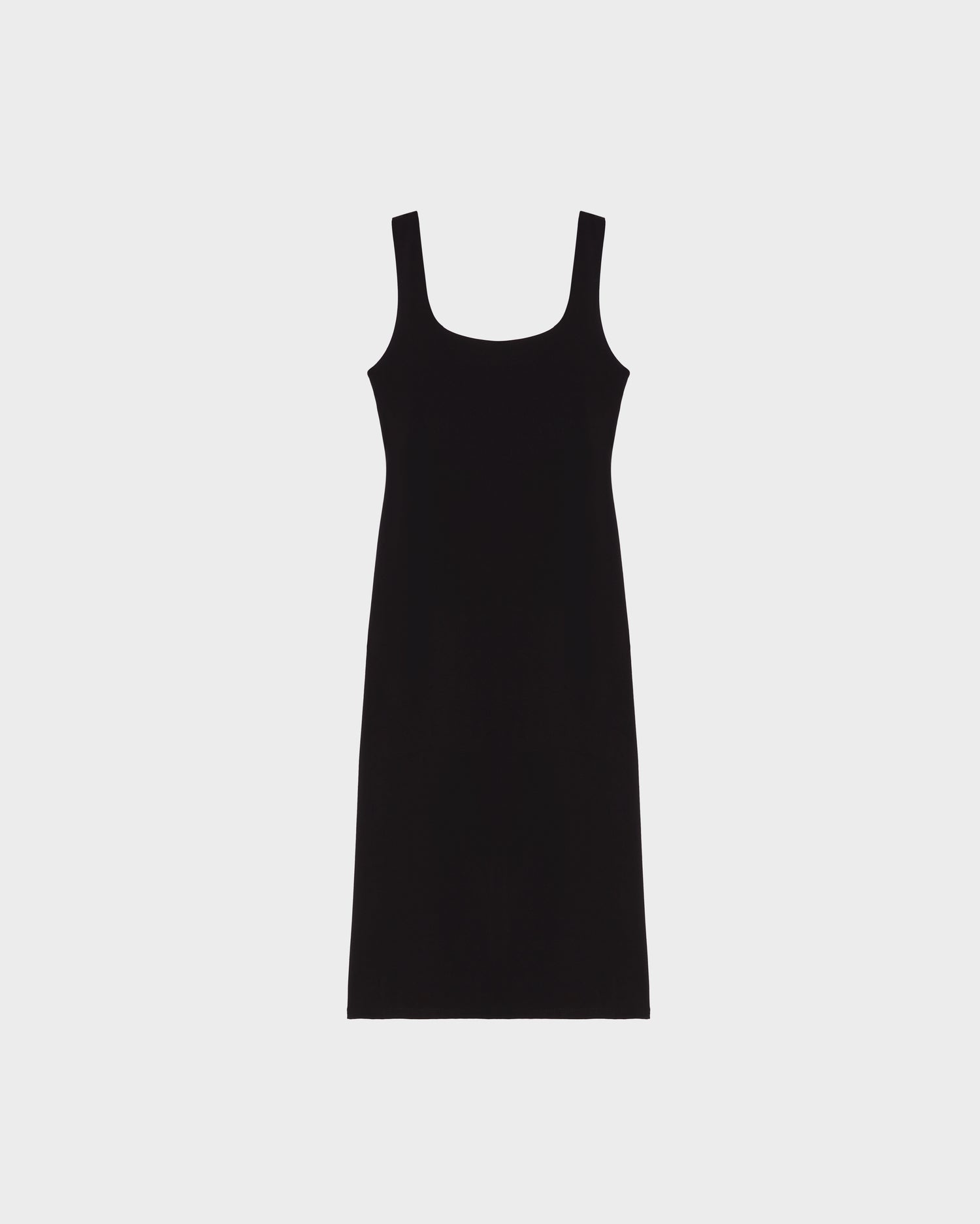 The SIMONE - 8524065 Black by Rudsak is a sleeveless women's midi dress with a square neckline, knee-length cut, and luxury fabric, shown on a plain white background.