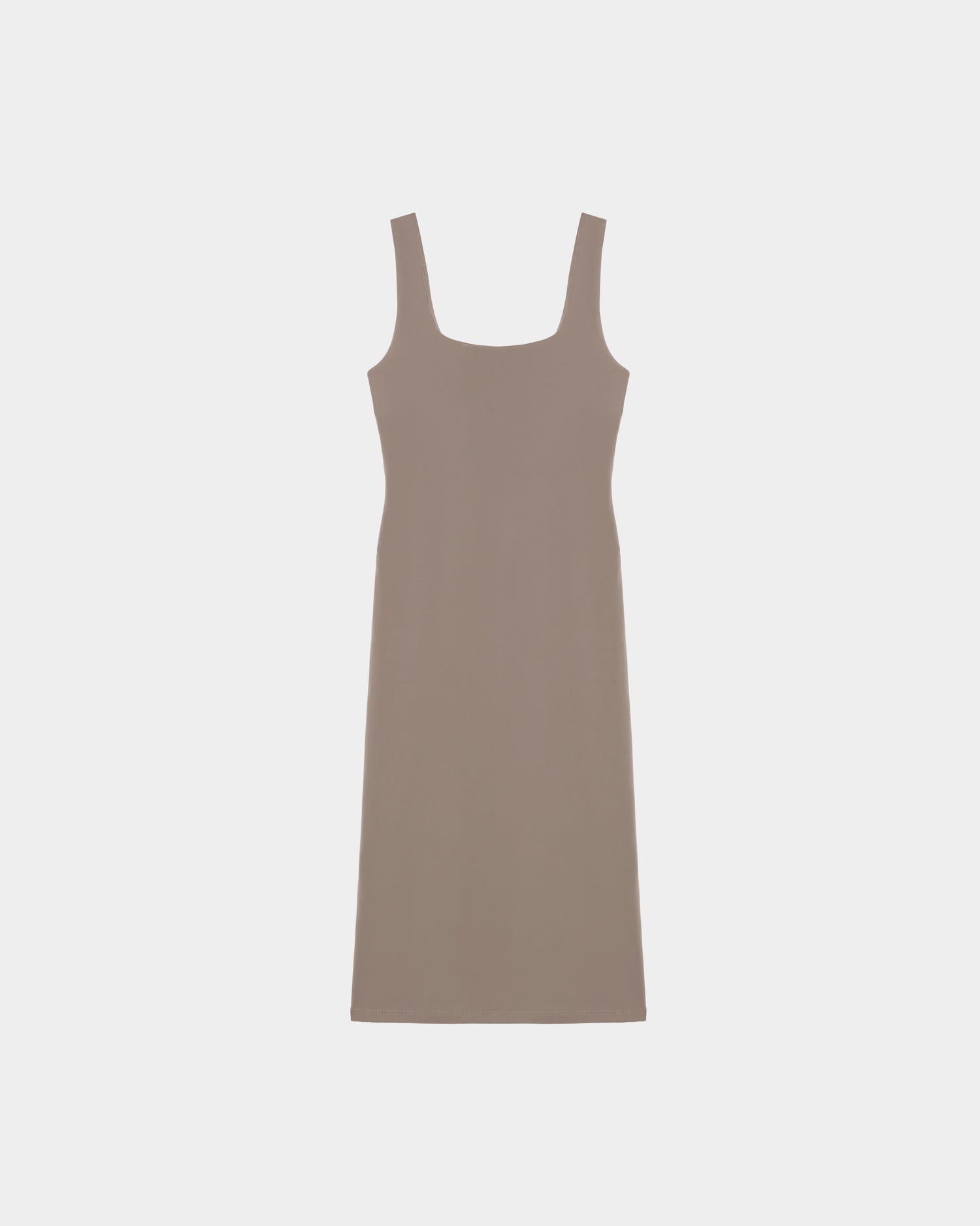 The Rudsak SIMONE - 8524065 Cement is a sleeveless, knee-length women’s midi dress in taupe with a square neckline, made from stretch performance fabric and shown on a plain white background.